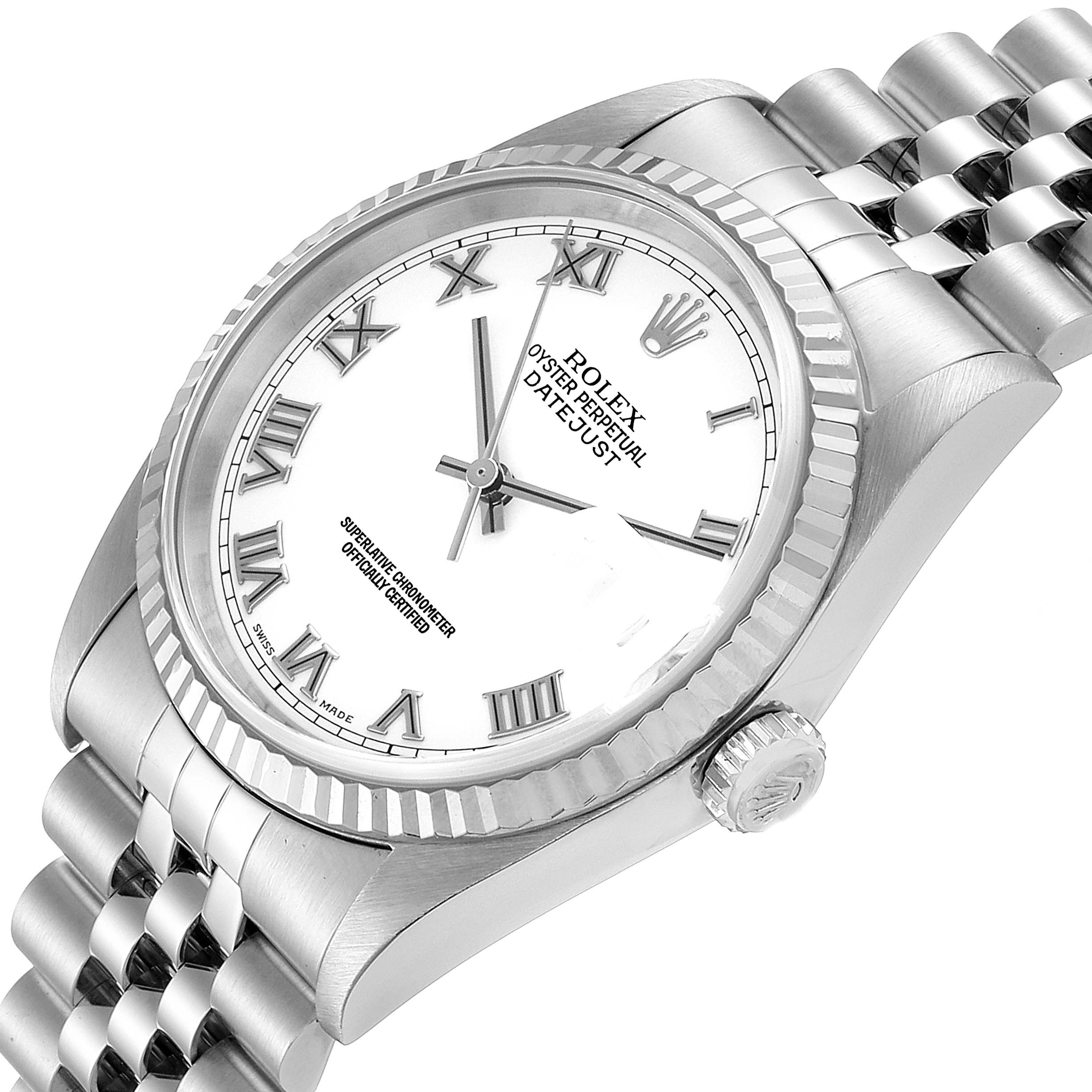 This image shows a Rolex Datejust 16234 Men's Stainless Steel White Dial 16234 Men's Stainless Steel White Dial watch from a slightly angled side view, displaying the face, bezel, and part of the bracelet.
