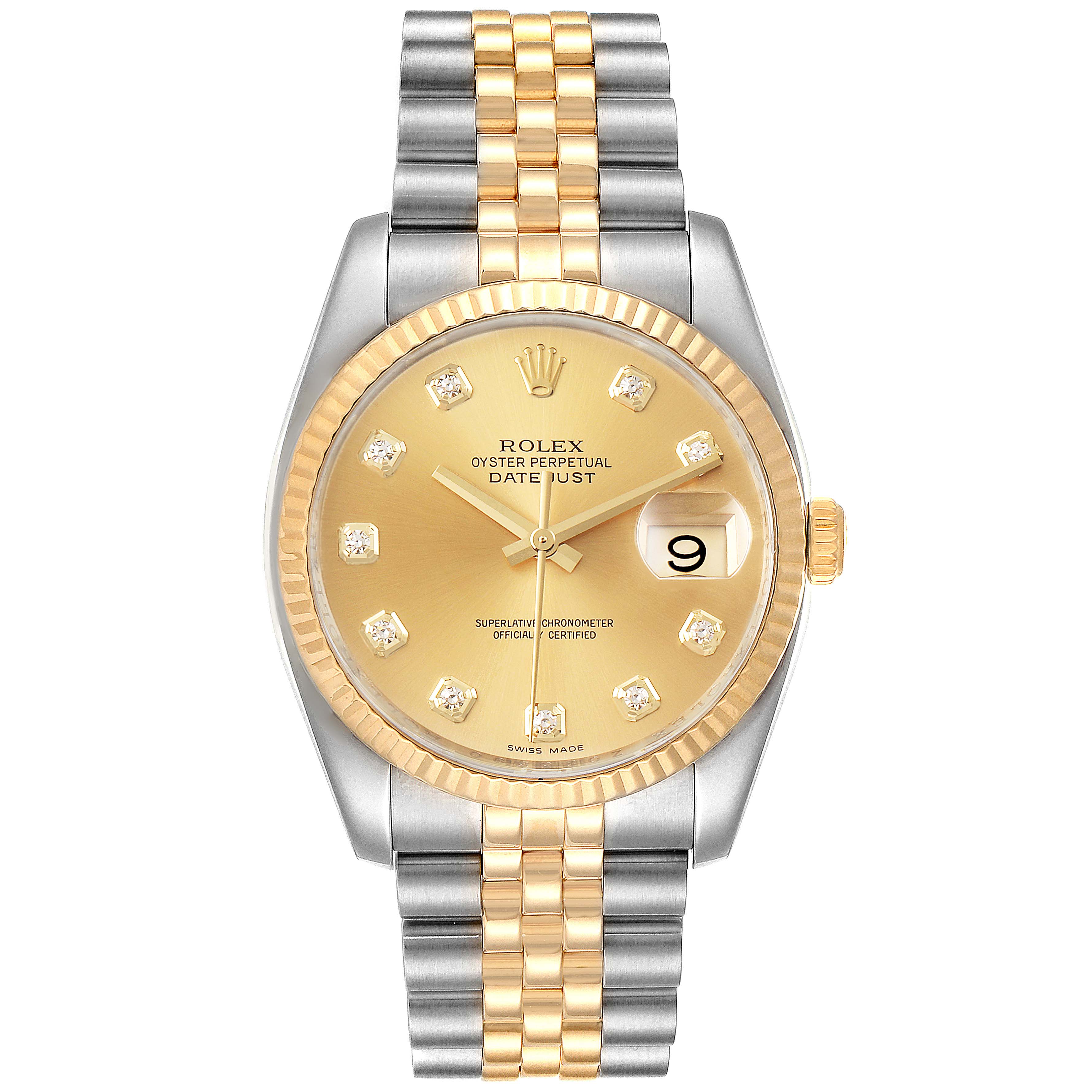 This image shows a front view of a Rolex Datejust 116233 Men's Steel and Gold (two tone) Champagne Dial 116233 Men's Steel and Gold (two tone) Champagne Dial watch, highlighting its dial, bezel, and Jubilee bracelet.
