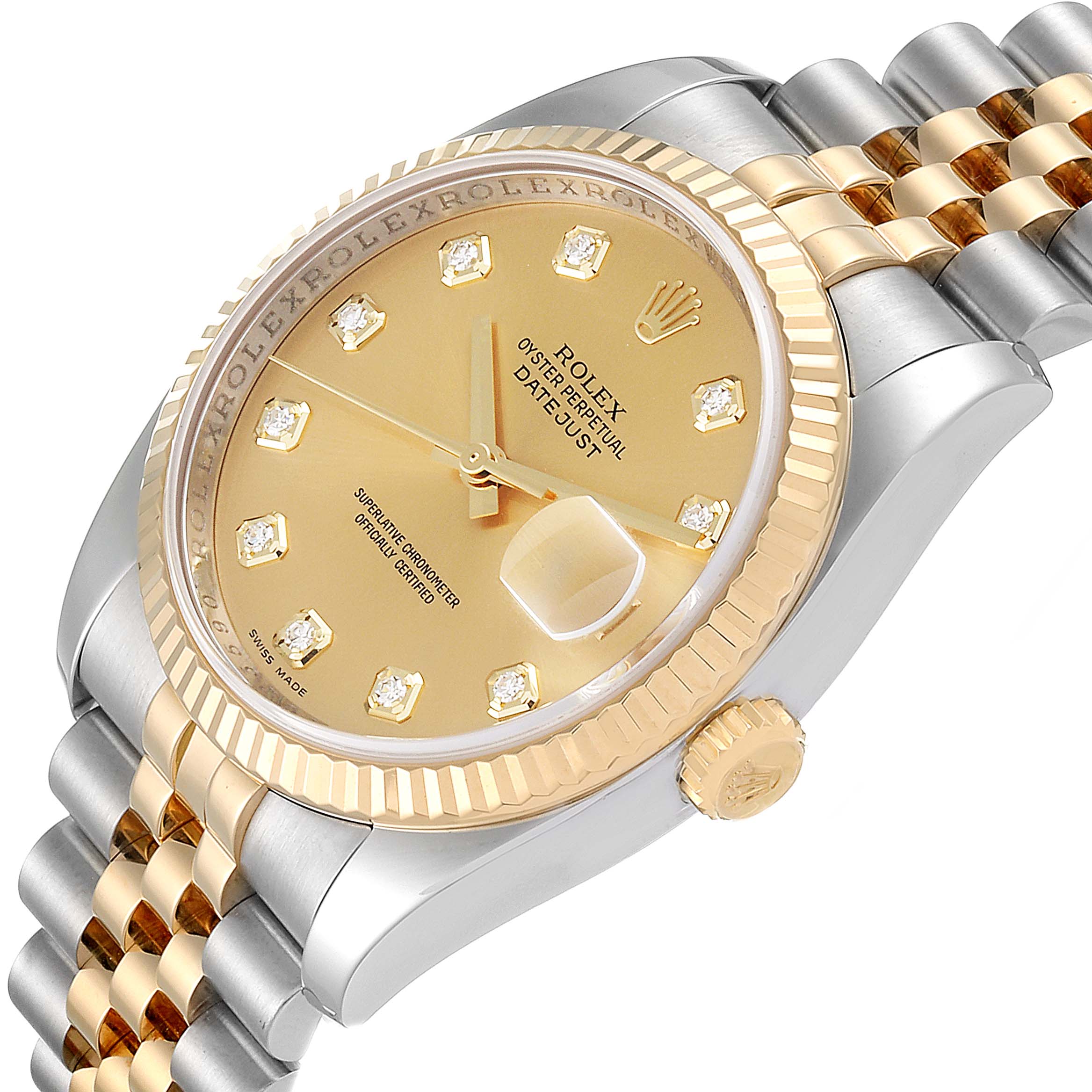 This image shows a Rolex Datejust 116233 Men's Steel and Gold (two tone) Champagne Dial 116233 Men's Steel and Gold (two tone) Champagne Dial watch from an angled view, highlighting the dial, bezel, crown, and parts of the jubilee bracelet.