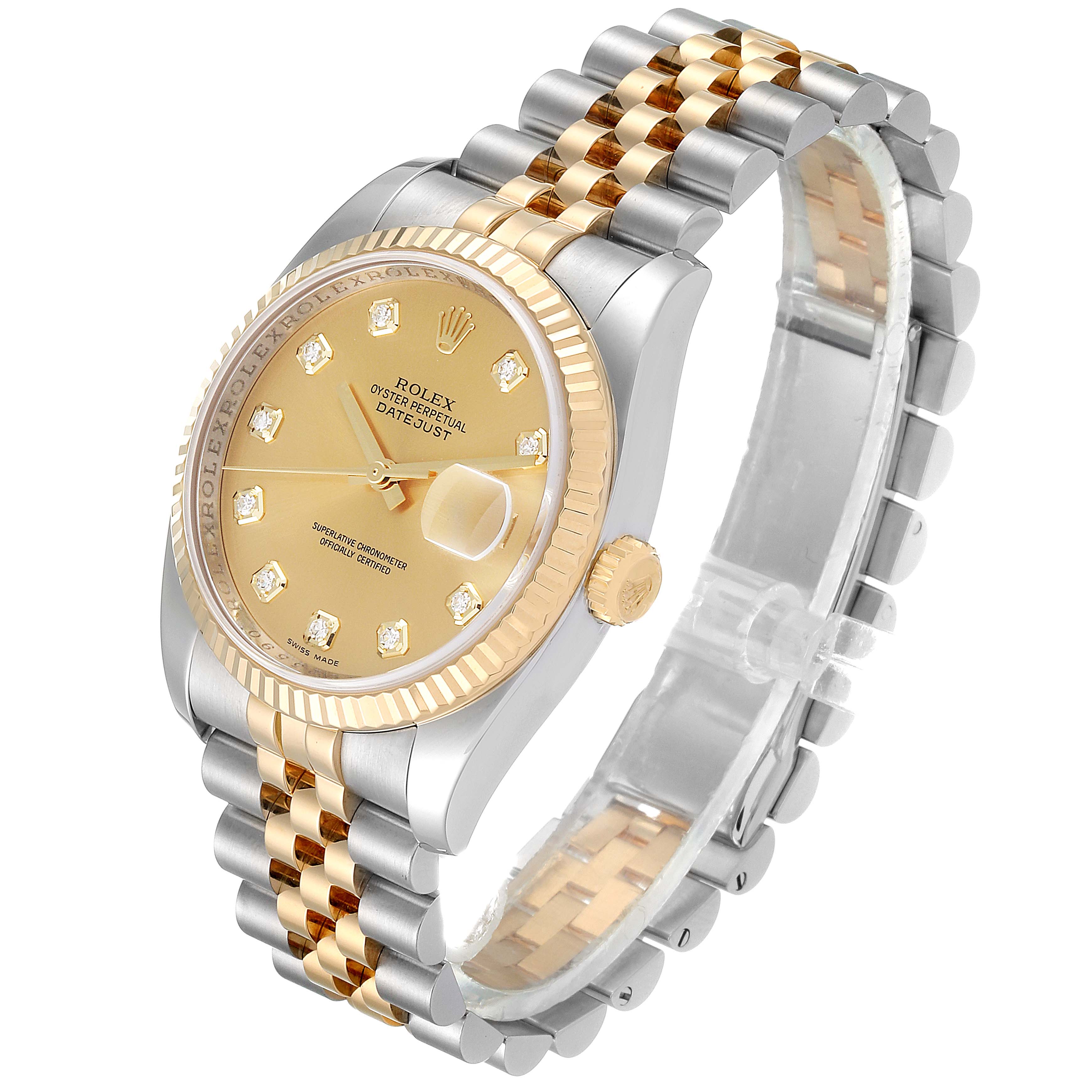This is a Rolex Datejust 116233 Men's Steel and Gold (two tone) Champagne Dial 116233 Men's Steel and Gold (two tone) Champagne Dial watch shown at a slight angle, displaying its face, dial, bezel, and two-tone bracelet.