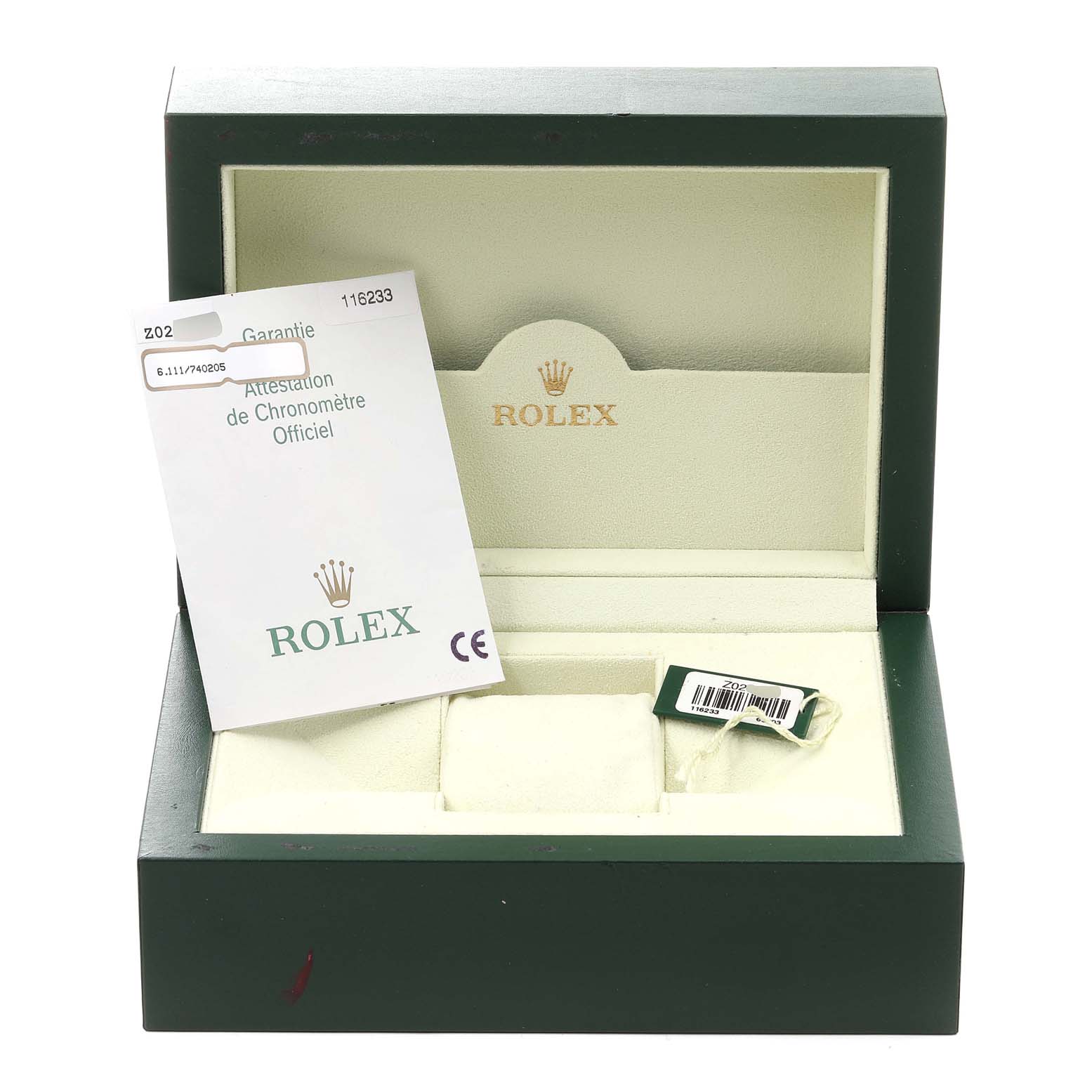 The image shows the open box and guarantee card for a Rolex Datejust 116233 Men's Steel and Gold (two tone) Champagne Dial 116233 Men's Steel and Gold (two tone) Champagne Dial model watch.