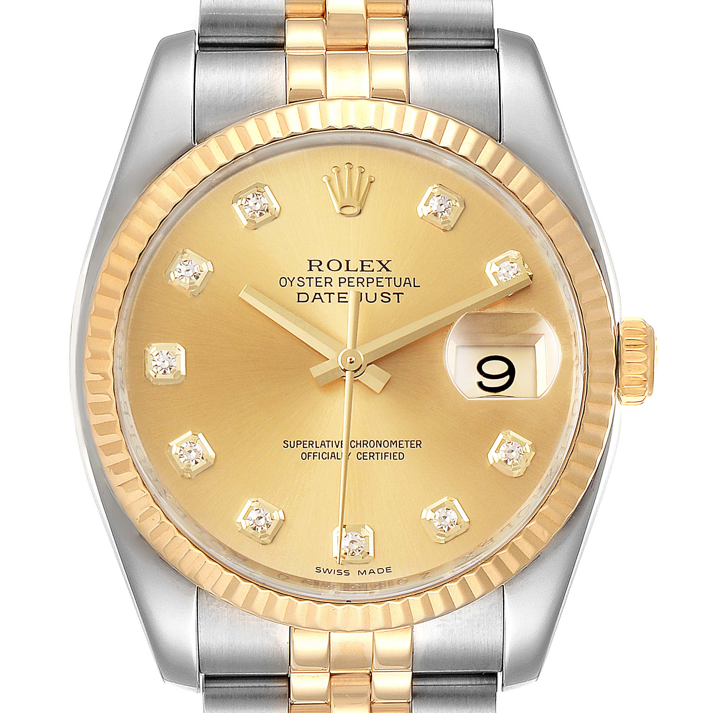 This image shows the gold and silver face, dial, bezel, and part of the two-tone bracelet of a Rolex Datejust 116233 Men's Steel and Gold (two tone) Champagne Dial 116233 Men's Steel and Gold (two tone) Champagne Dial watch.