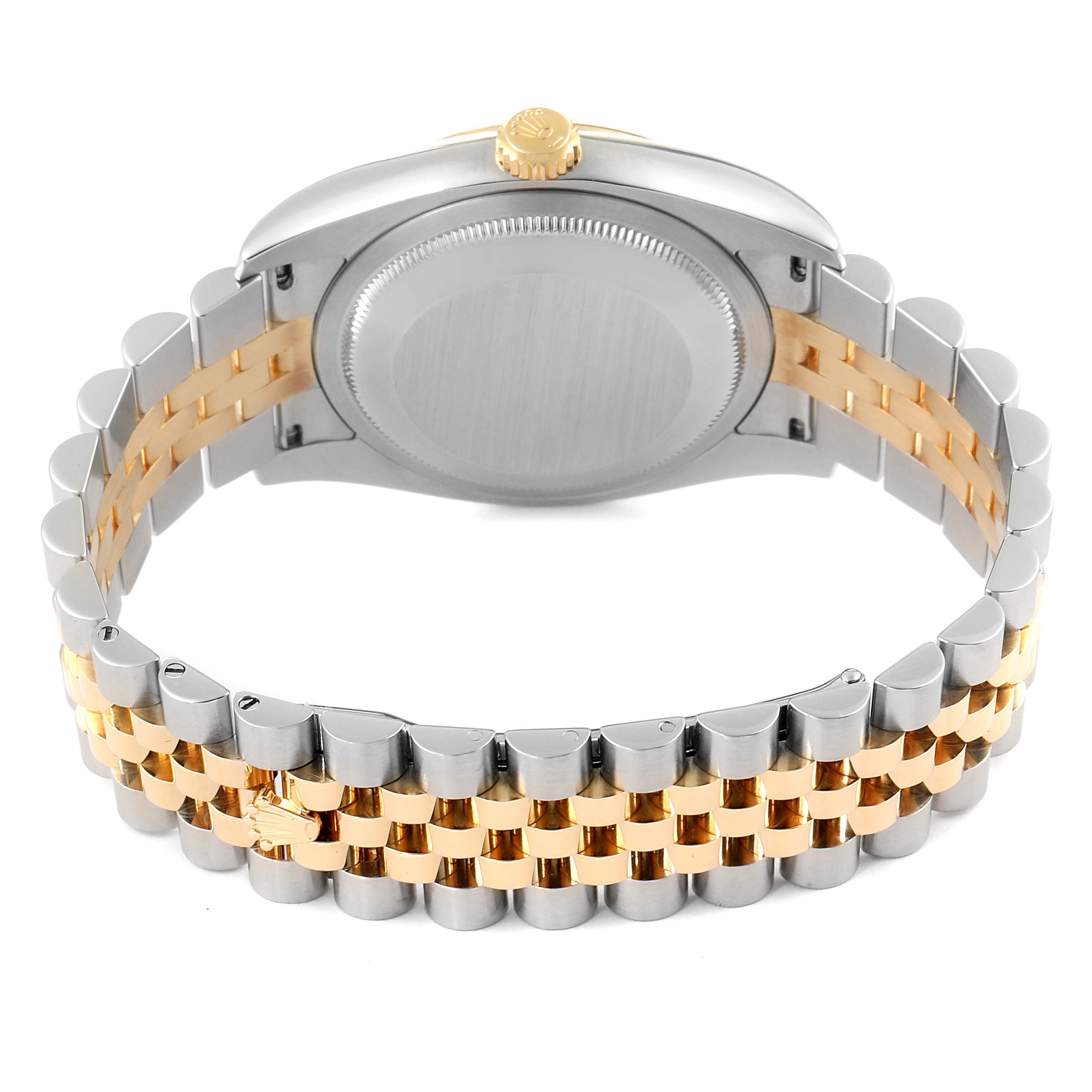 The image shows the back view of a Rolex Datejust 116233 Men's Steel and Gold (two tone) Champagne Dial 116233 Men's Steel and Gold (two tone) Champagne Dial, featuring the case back and two-tone bracelet.