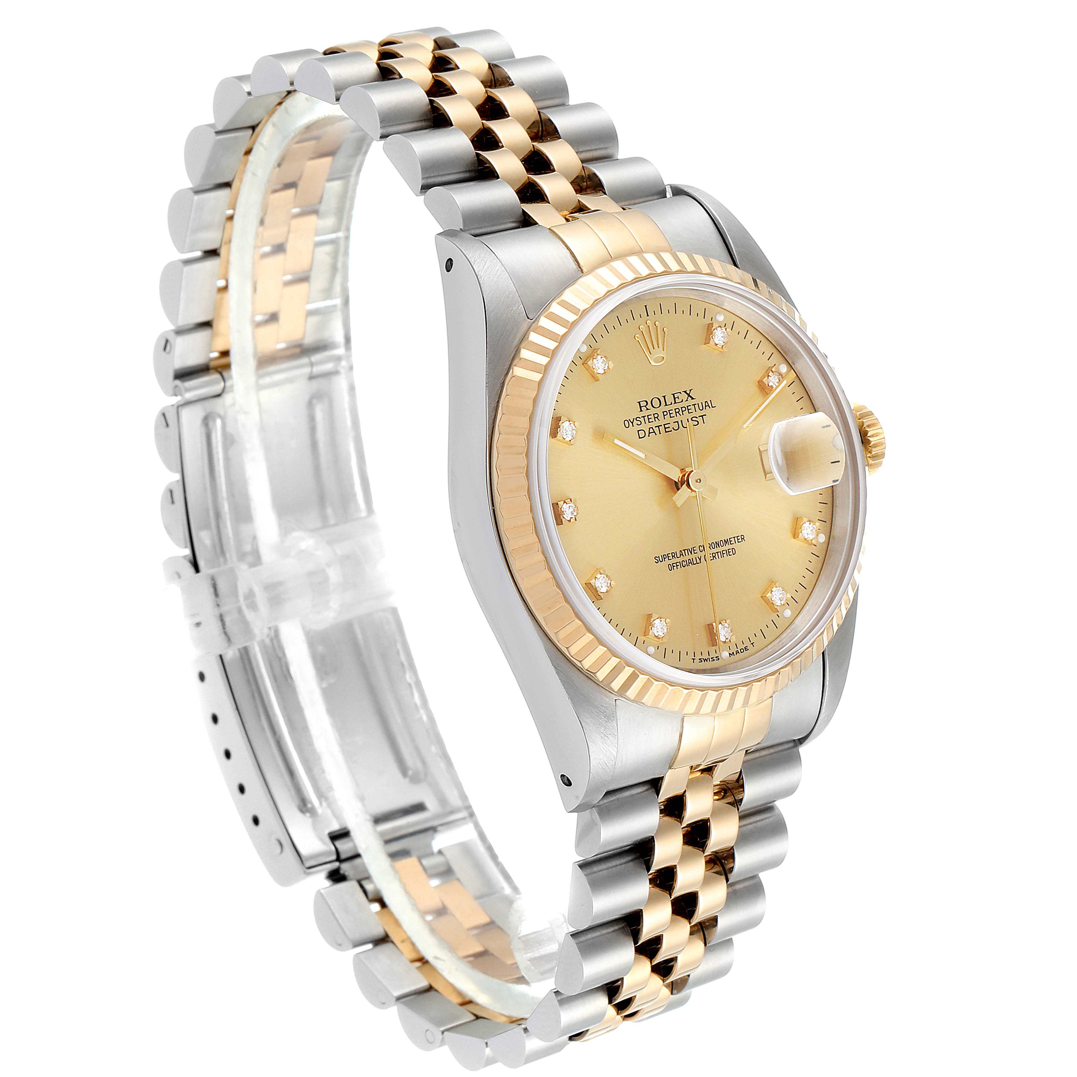 This image shows a Rolex Datejust 16233 Men's Steel and Gold (two tone) Champagne Dial 16233 Men's Steel and Gold (two tone) Champagne Dial watch at a slight angle, highlighting its golden dial, two-tone bracelet, and fluted bezel.