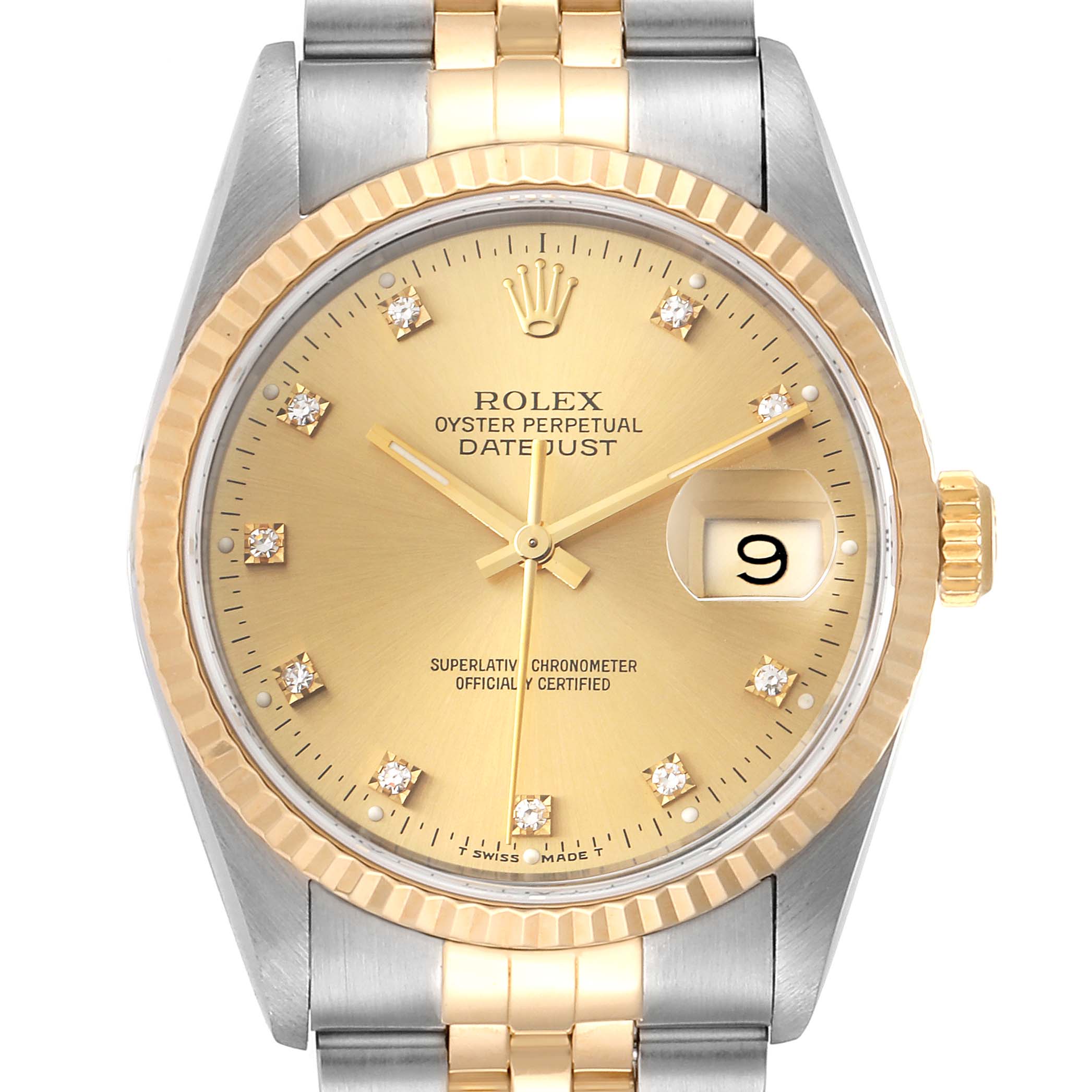 The image shows a Rolex Datejust 16233 Men's Steel and Gold (two tone) Champagne Dial 16233 Men's Steel and Gold (two tone) Champagne Dial watch from a front angle, highlighting the dial, date window, bezel, and bracelet.