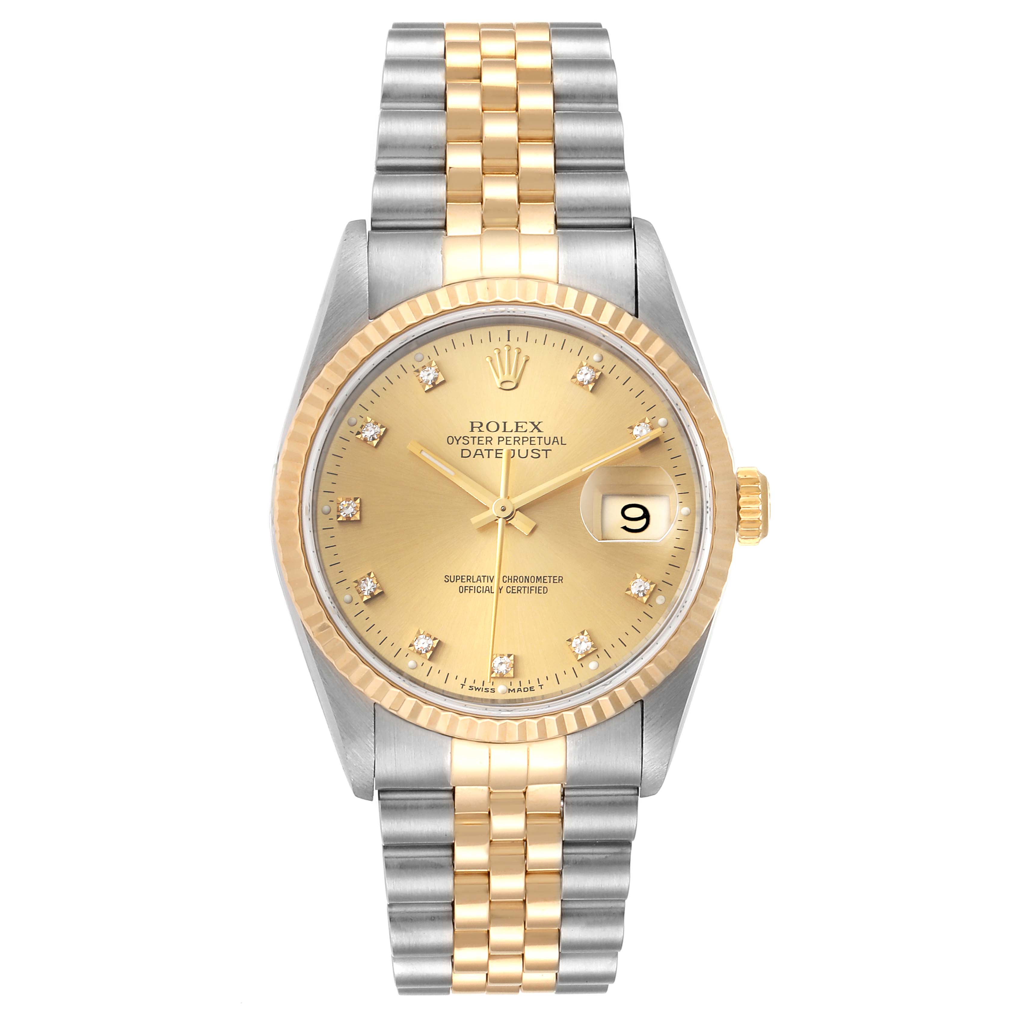 The Rolex Datejust 16233 Men's Steel and Gold (two tone) Champagne Dial 16233 Men's Steel and Gold (two tone) Champagne Dial watch is shown from a front angle, displaying its dial, bezel, and Jubilee bracelet.