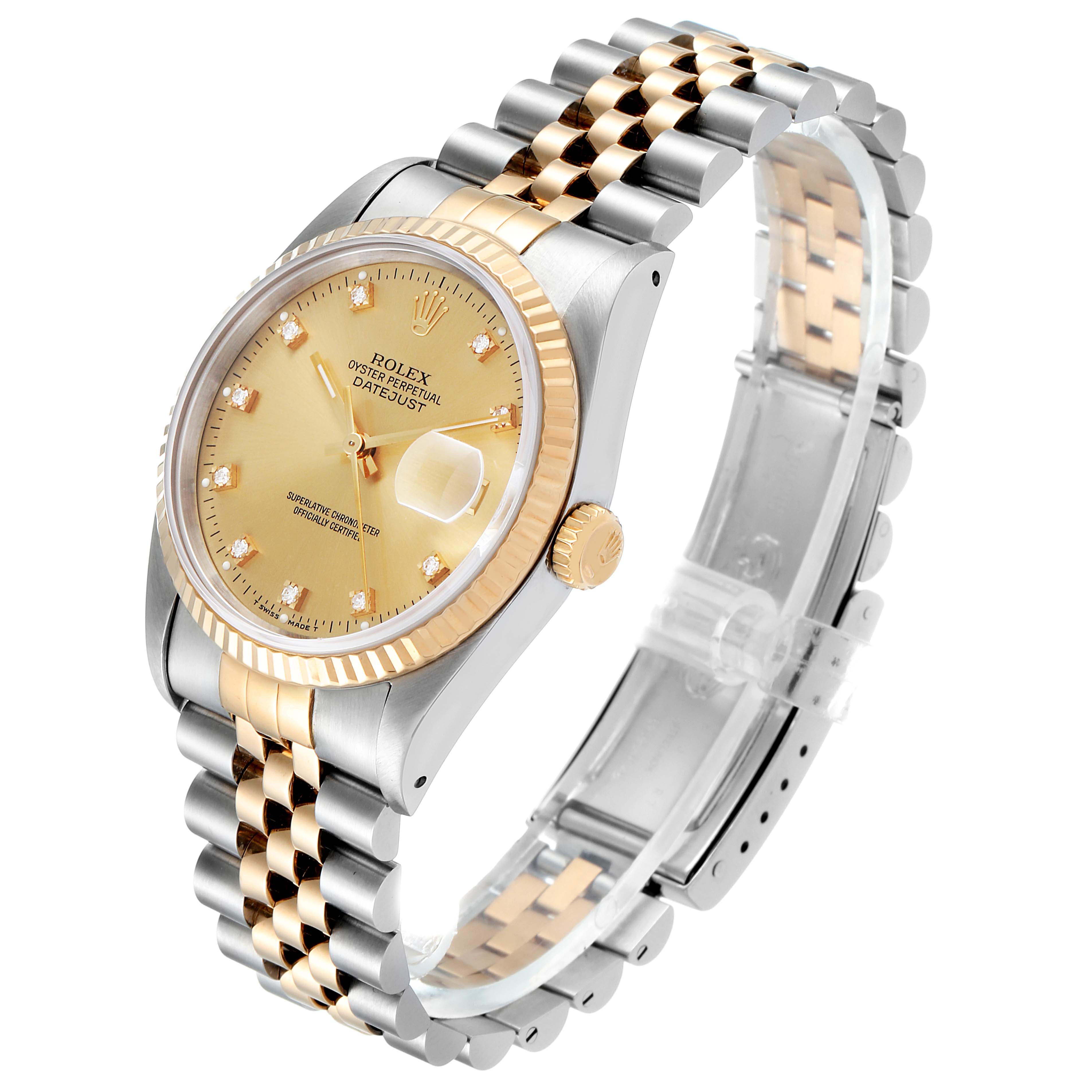 This image shows a side angle of the Rolex Datejust 16233 Men's Steel and Gold (two tone) Champagne Dial 16233 Men's Steel and Gold (two tone) Champagne Dial watch, highlighting its face, bezel, crown, and metal bracelet.