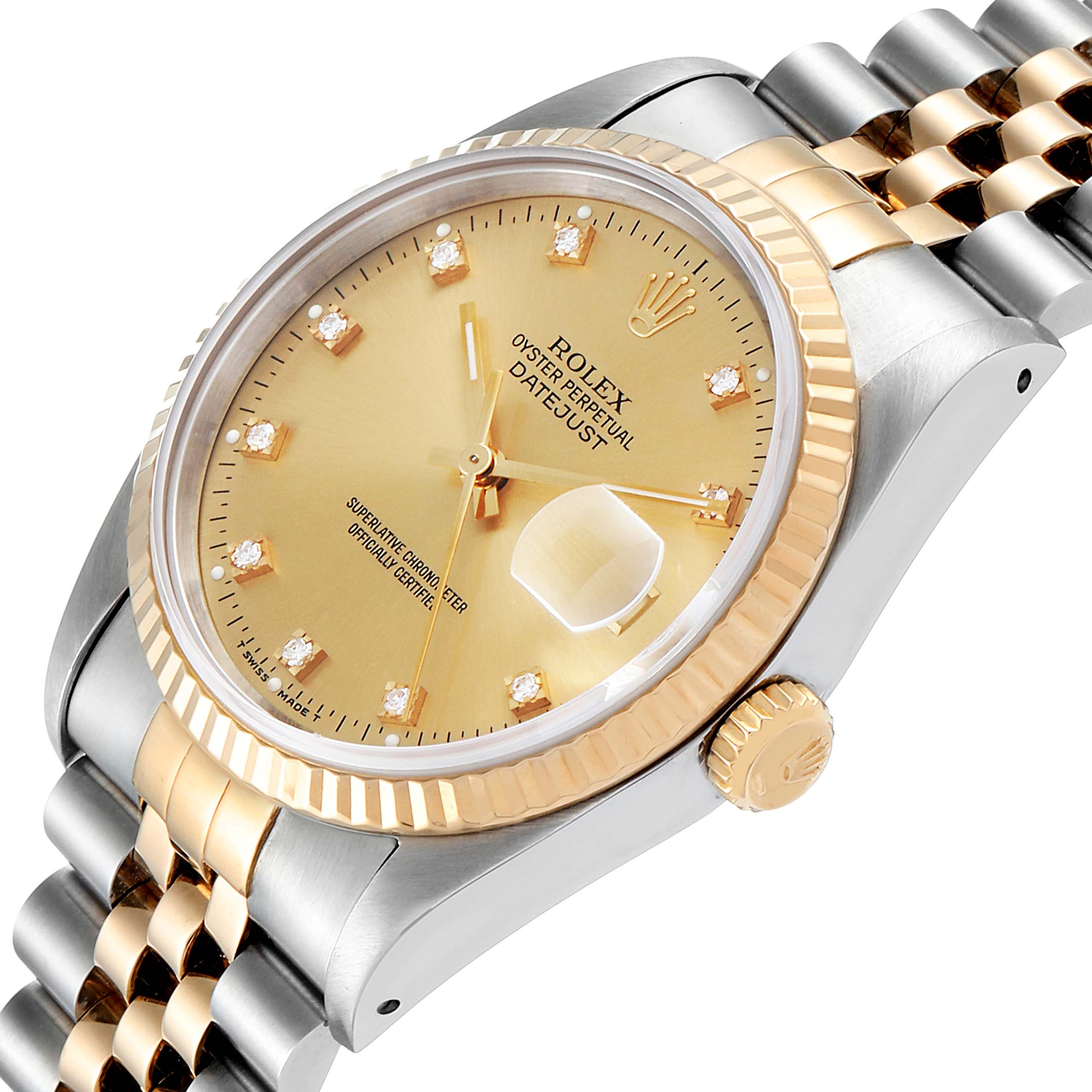 The image shows a Rolex Datejust 16233 Men's Steel and Gold (two tone) Champagne Dial 16233 Men's Steel and Gold (two tone) Champagne Dial watch at an angled view, highlighting the dial, bezel, crown, and bracelet.