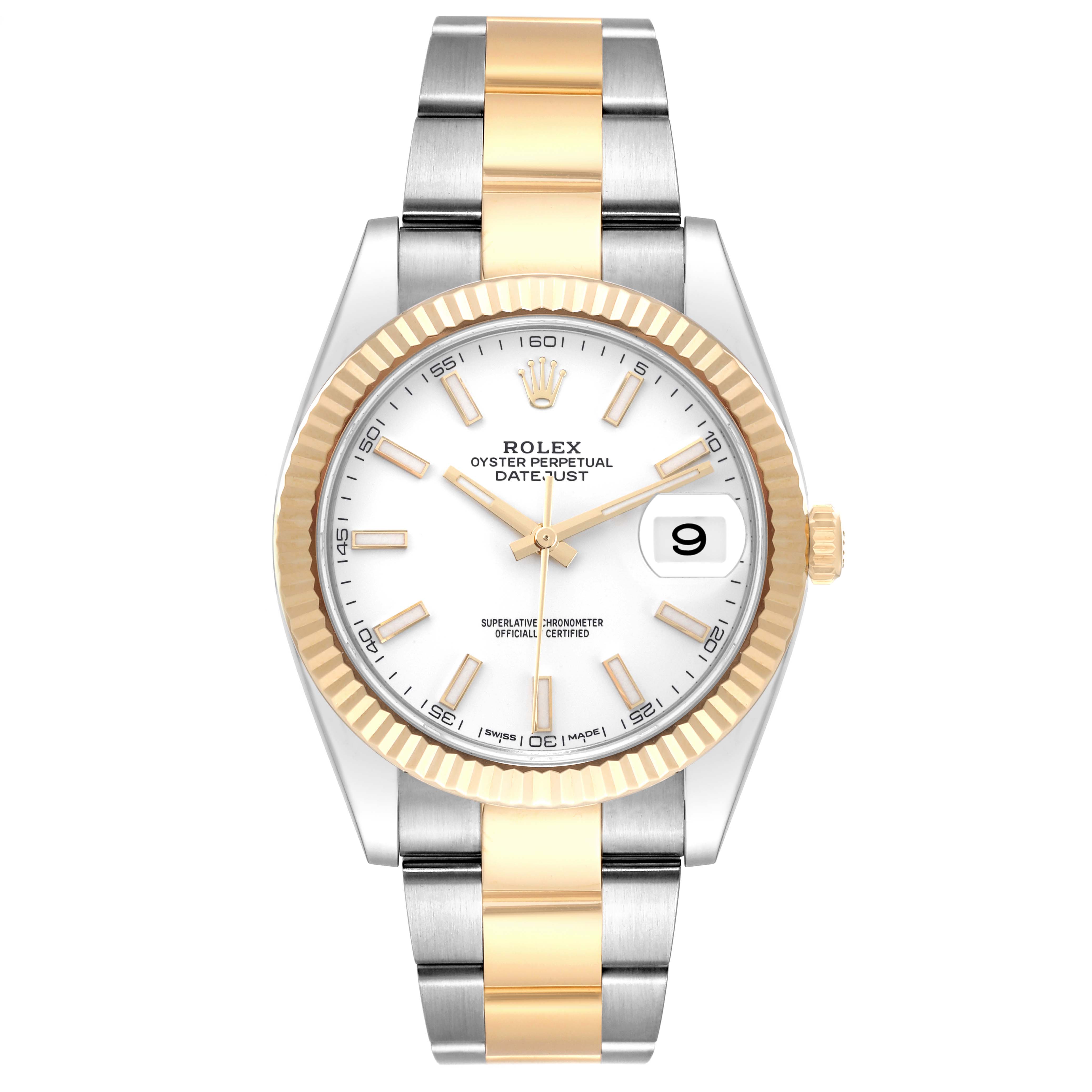 This image shows a front view of the Rolex Datejust 41 126333 Men's Steel and Gold (two tone) White Dial 126333 Men's Steel and Gold (two tone) White Dial watch, highlighting its two-tone bracelet, white dial, and fluted bezel.