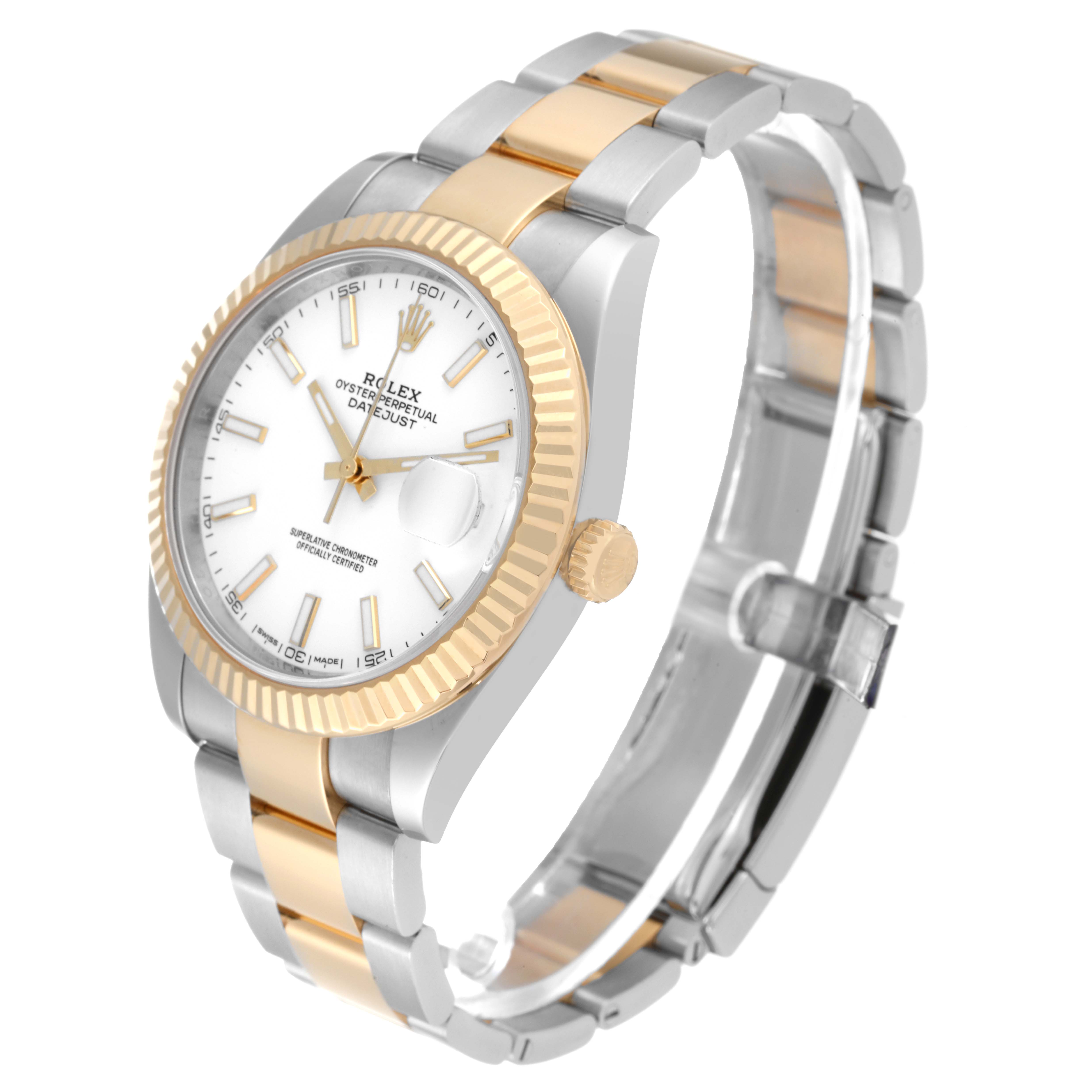 The Rolex Datejust 41 126333 Men's Steel and Gold (two tone) White Dial 126333 Men's Steel and Gold (two tone) White Dial watch is shown at an angle displaying the face, bezel, crown, and part of the bracelet.