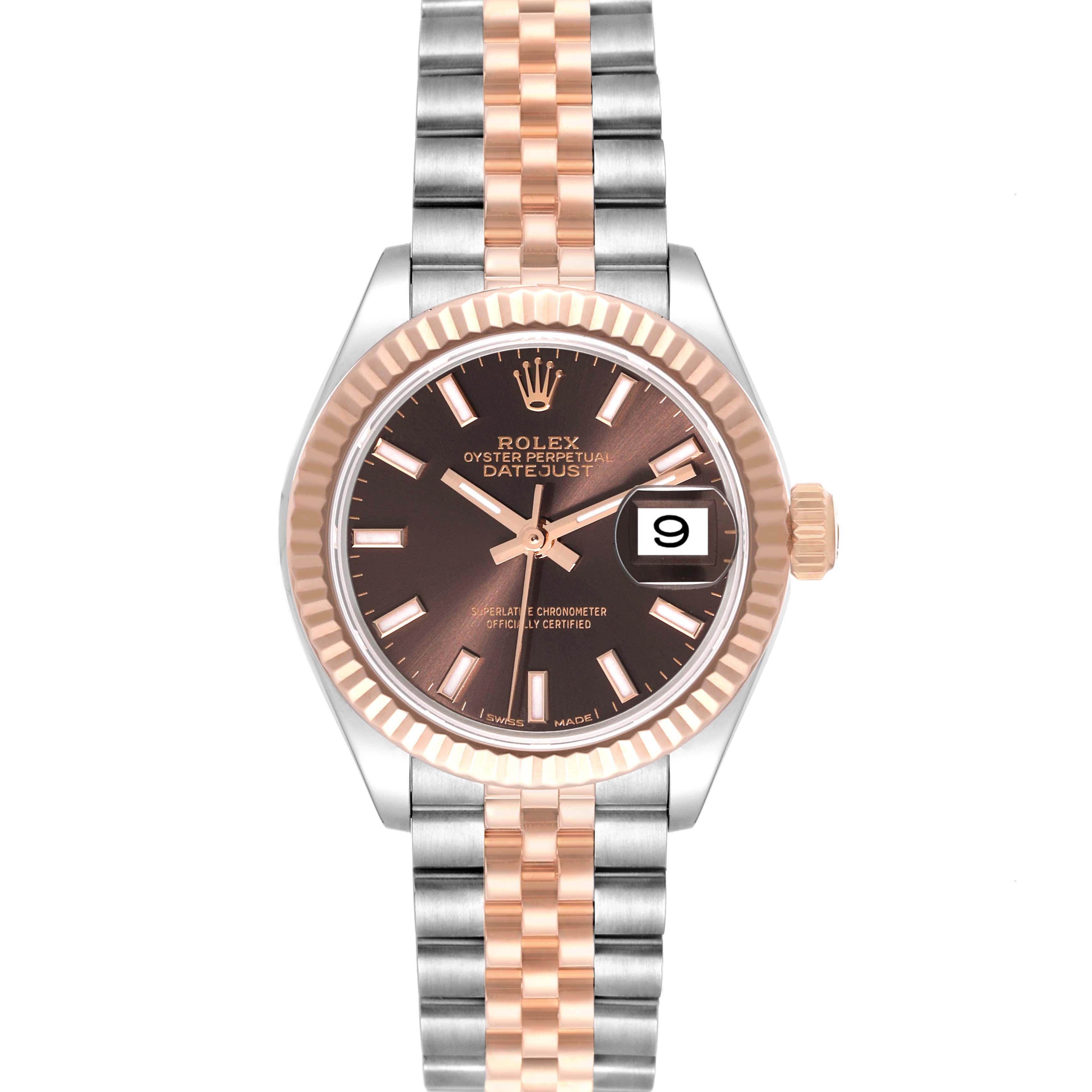 The image shows the front view of a Rolex Datejust 279171 Women's Steel and Gold (two tone) Brown Dial 279171 Women's Steel and Gold (two tone) Brown Dial model, featuring a two-tone bracelet, fluted bezel, and date display.
