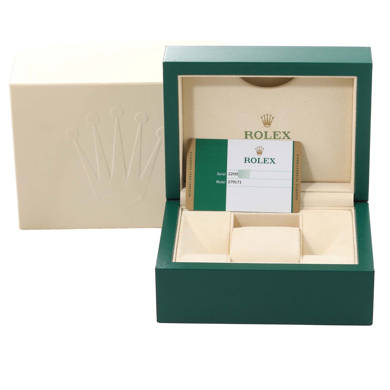 The image shows an open Rolex Datejust 279171 Women's Steel and Gold (two tone) Brown Dial 279171 Women's Steel and Gold (two tone) Brown Dial watch box displaying the interior and a certification card.