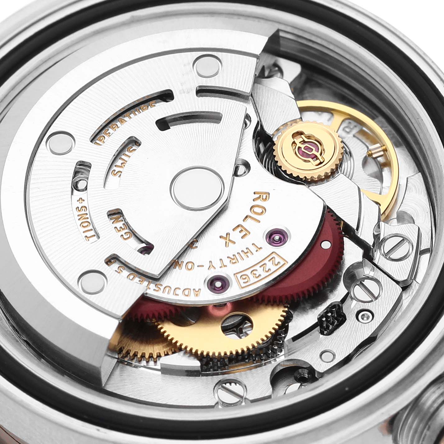 This is a close-up view of the mechanical movement inside a Rolex Datejust 279171 Women's Steel and Gold (two tone) Brown Dial 279171 Women's Steel and Gold (two tone) Brown Dial watch, showcasing gears and internal components.