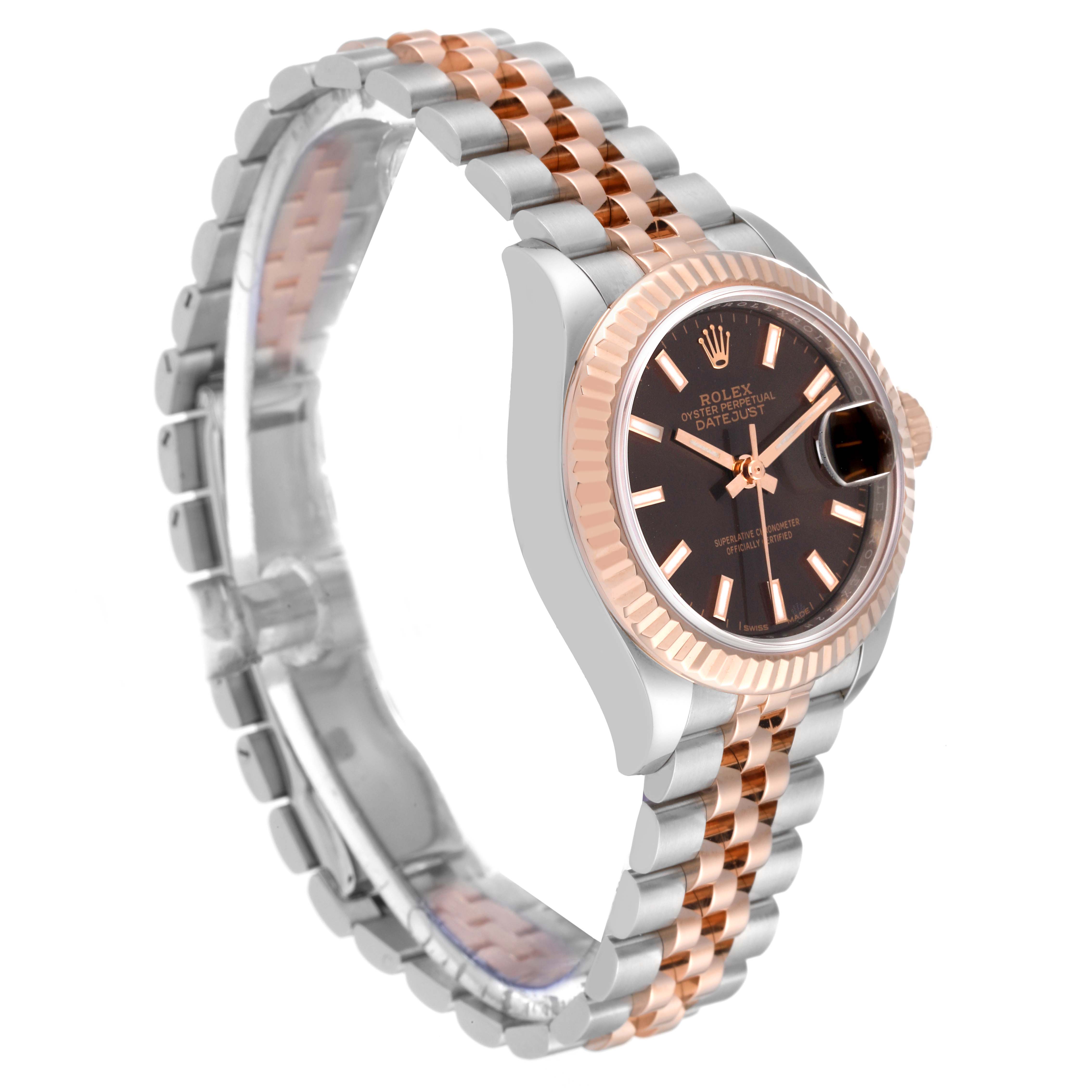 The Rolex Datejust 279171 Women's Steel and Gold (two tone) Brown Dial 279171 Women's Steel and Gold (two tone) Brown Dial watch is shown from a slight side angle, featuring its two-tone bracelet and fluted bezel.