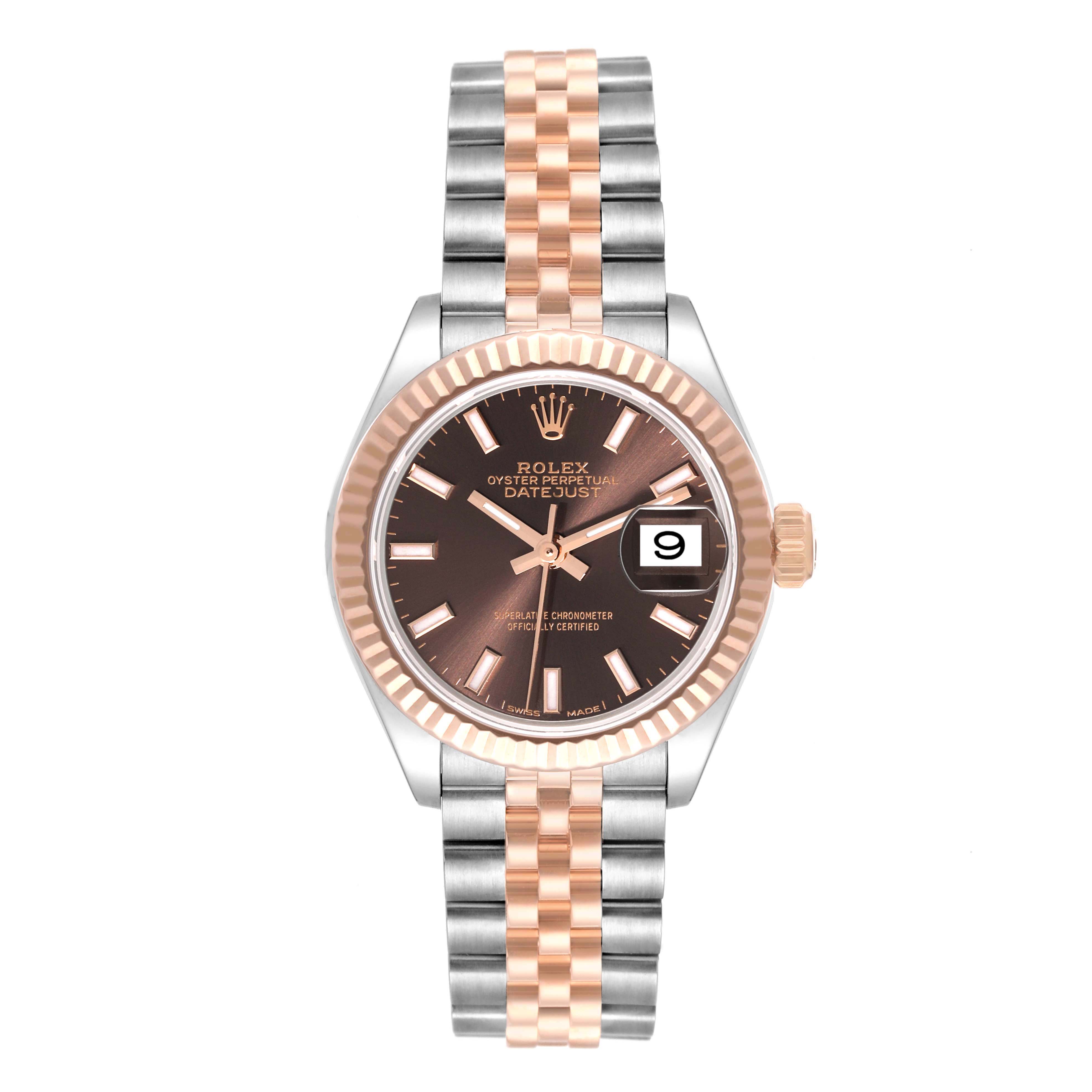This image shows a front view of a Rolex Datejust 279171 Women's Steel and Gold (two tone) Brown Dial 279171 Women's Steel and Gold (two tone) Brown Dial watch, displaying the face, fluted bezel, and two-tone bracelet.