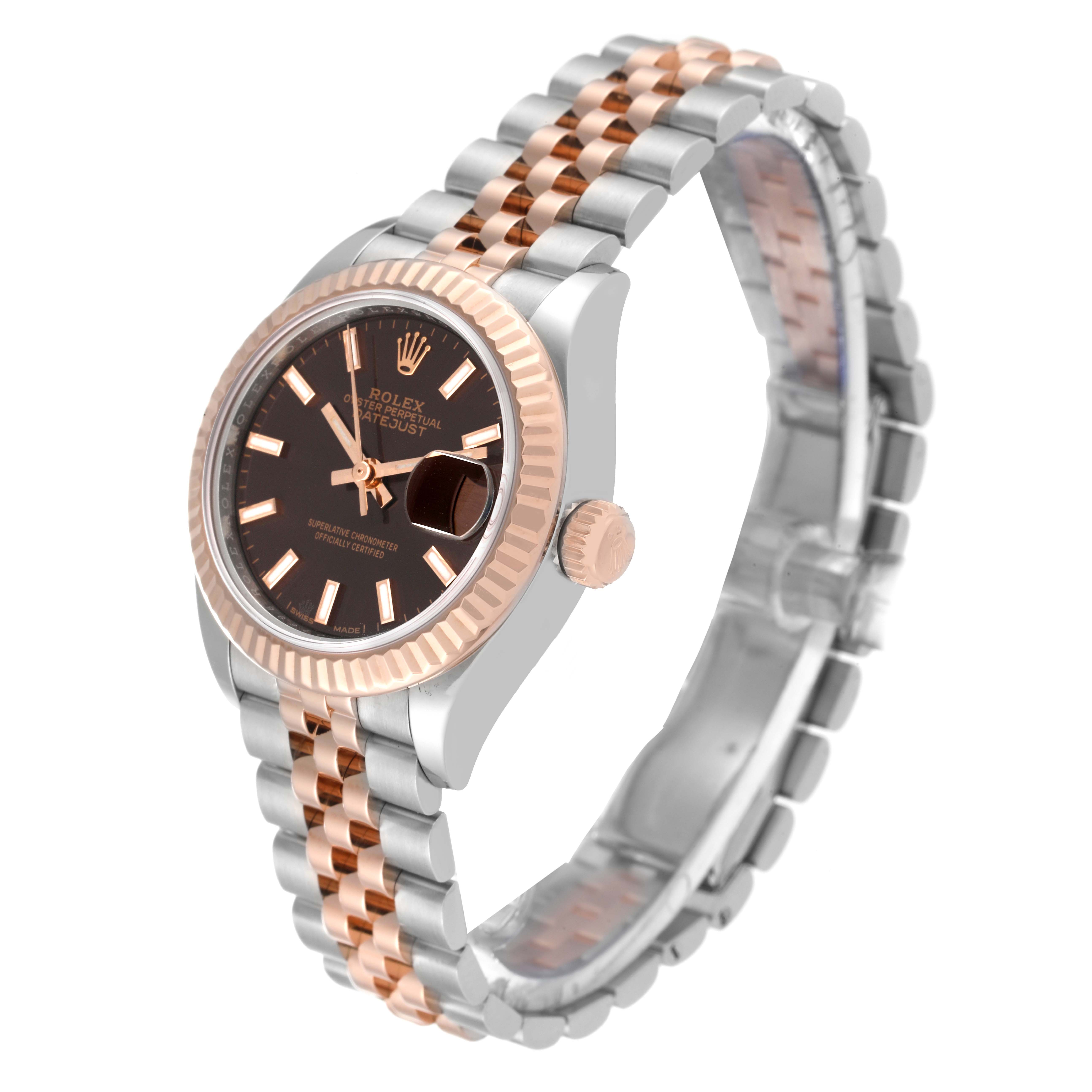 This Rolex Datejust 279171 Women's Steel and Gold (two tone) Brown Dial 279171 Women's Steel and Gold (two tone) Brown Dial watch is shown at an angle highlighting its face, bezel, and two-tone bracelet.