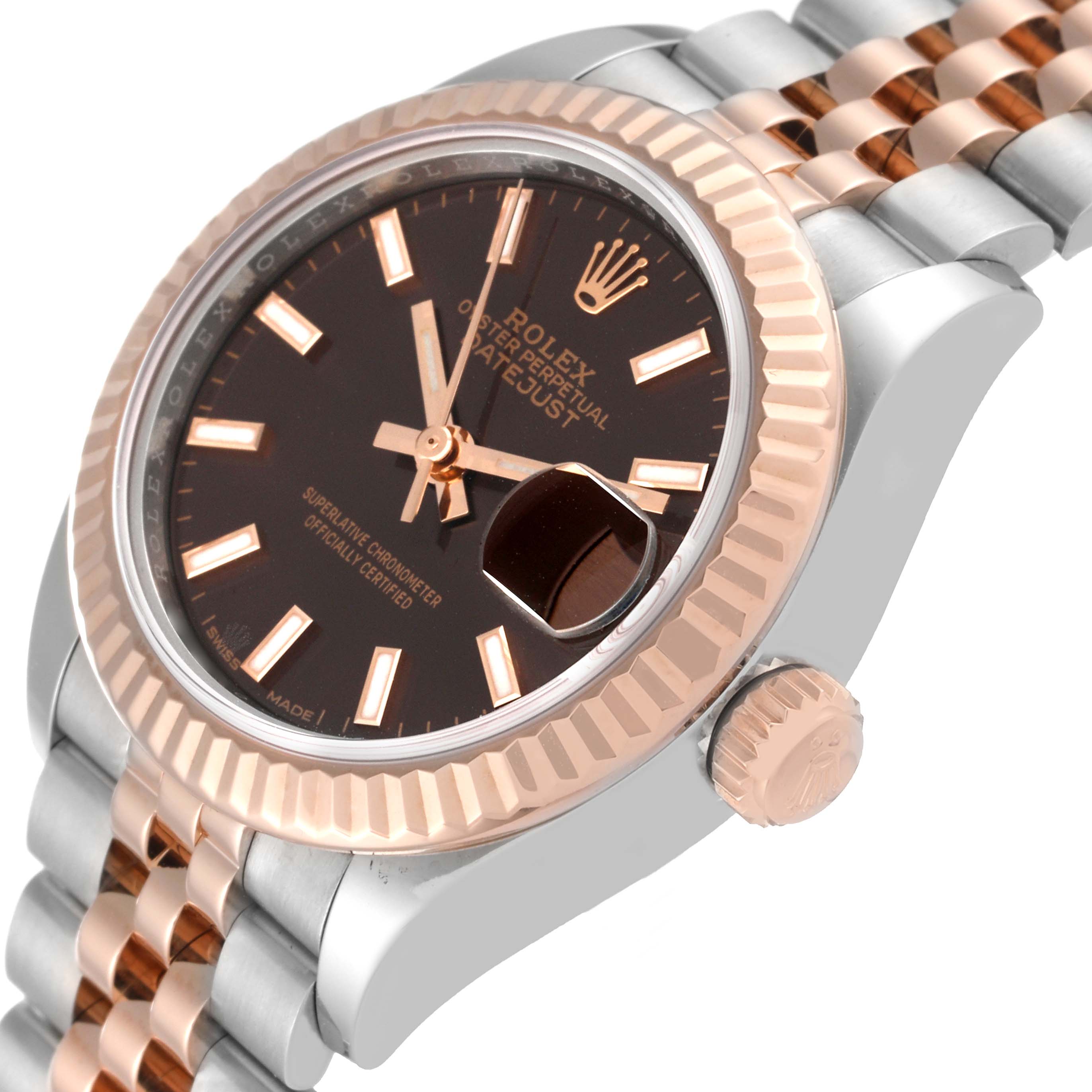 The image shows a close-up angle of a Rolex Datejust 279171 Women's Steel and Gold (two tone) Brown Dial 279171 Women's Steel and Gold (two tone) Brown Dial, focusing on the dial, fluted bezel, and part of the bracelet.