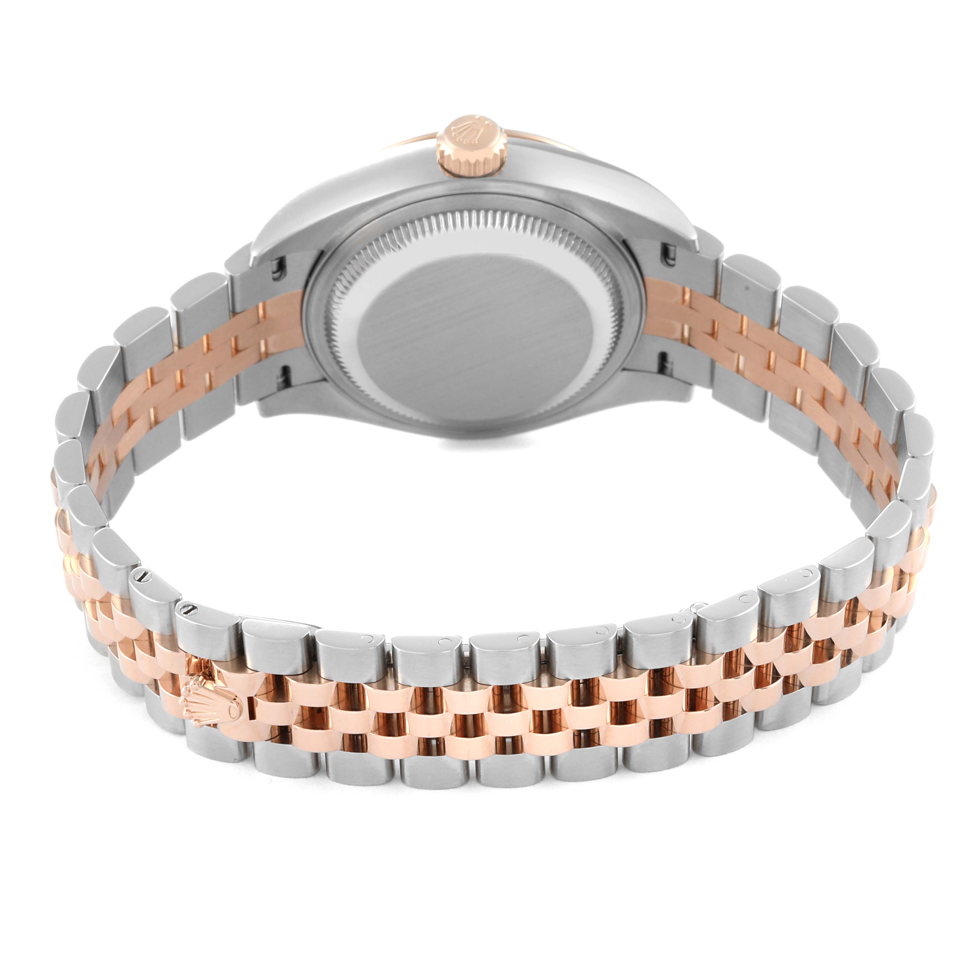 This Rolex Datejust 279171 Women's Steel and Gold (two tone) Brown Dial 279171 Women's Steel and Gold (two tone) Brown Dial model watch is shown from the back, highlighting its two-tone metal bracelet and case back.