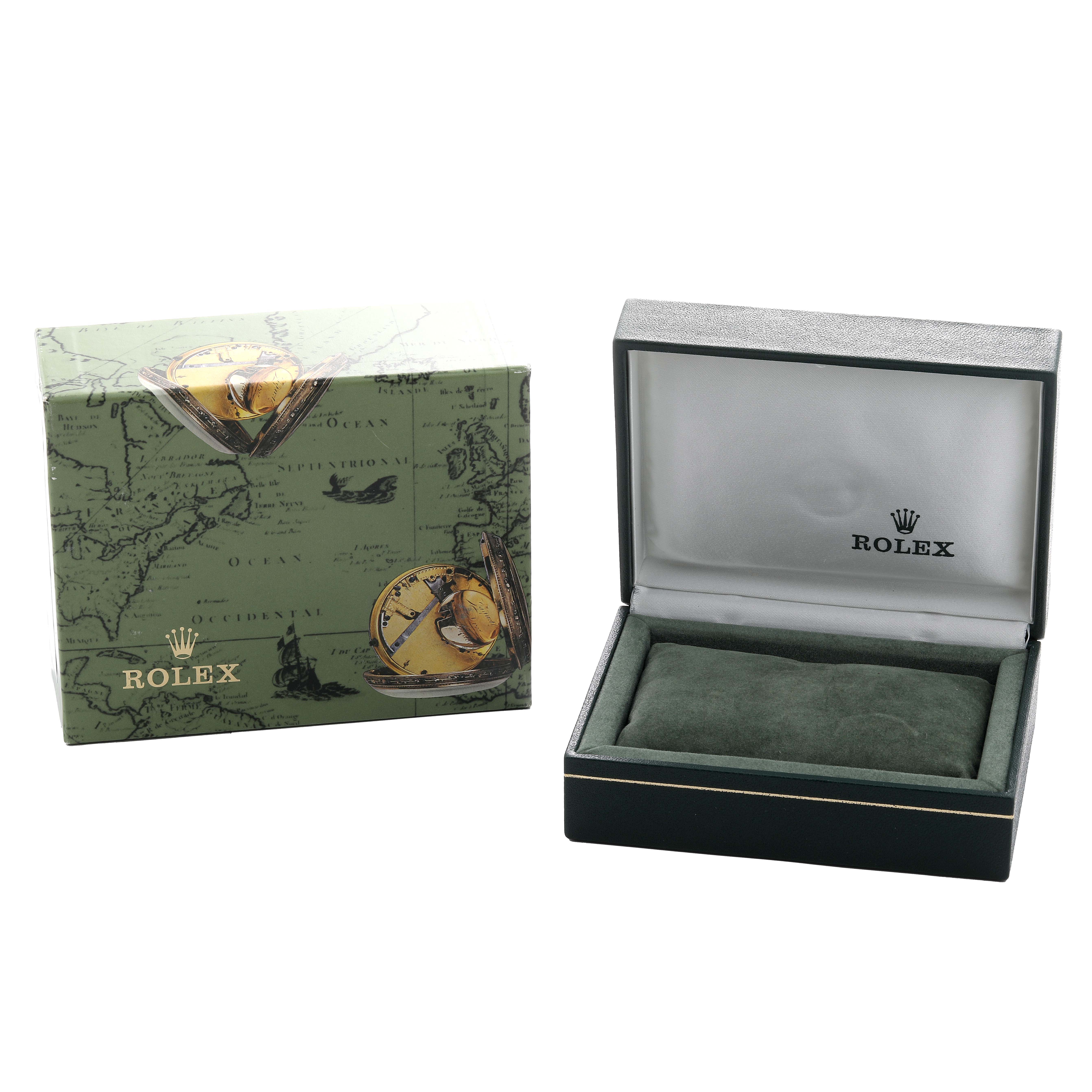The image shows a Rolex box set at an angle, featuring the closed outer box and open inner box with a cushion for the Mid-Size model.