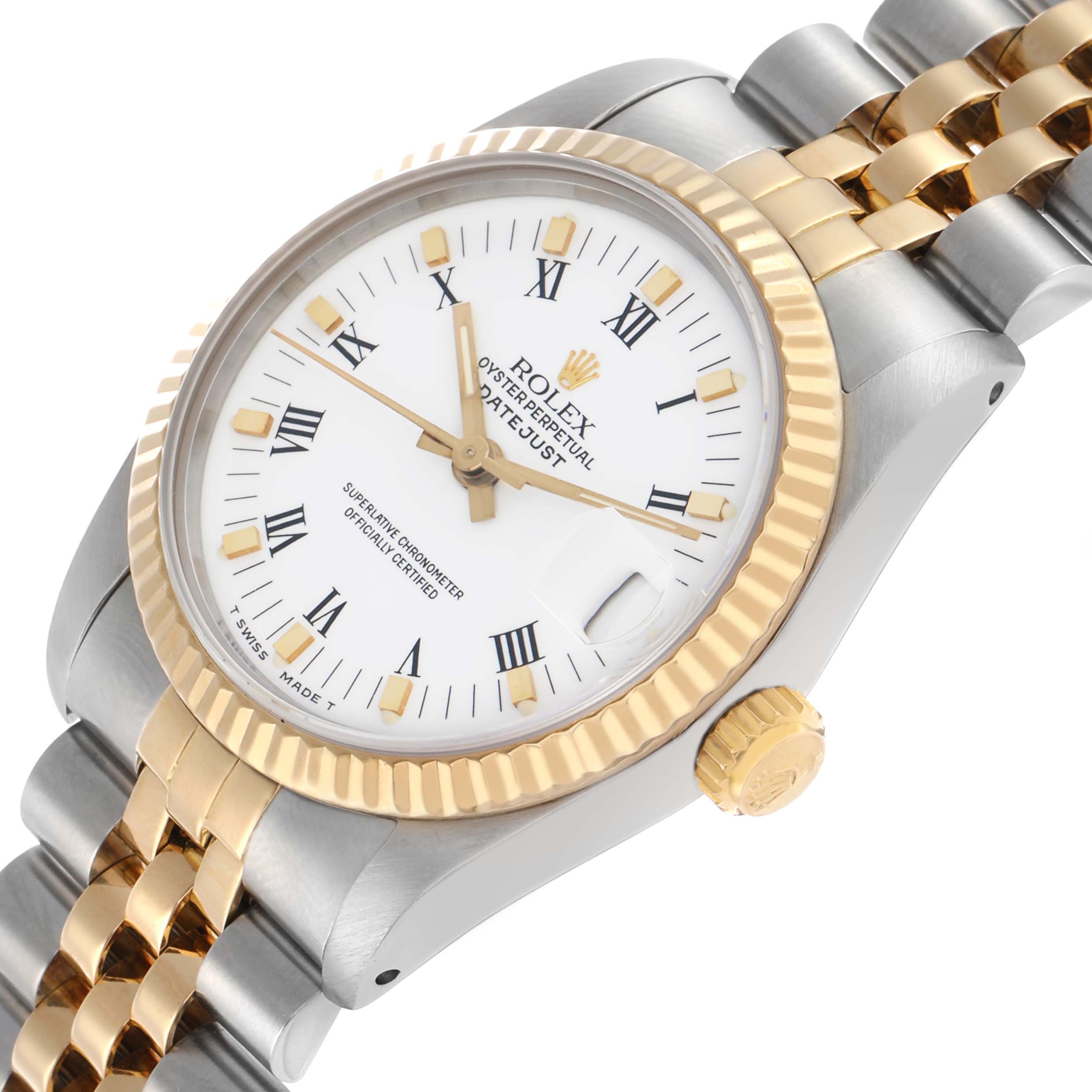 The Rolex Mid-Size 68273 Women's Steel and Gold (two tone) White Dial model is shown at a slight angled view, displaying the face, bezel, crown, and part of the two-tone bracelet.