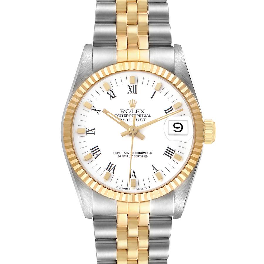 The Rolex Mid-Size 68273 Women's Steel and Gold (two tone) White Dial watch is shown from the front, displaying the face, bezel, and a two-tone bracelet.