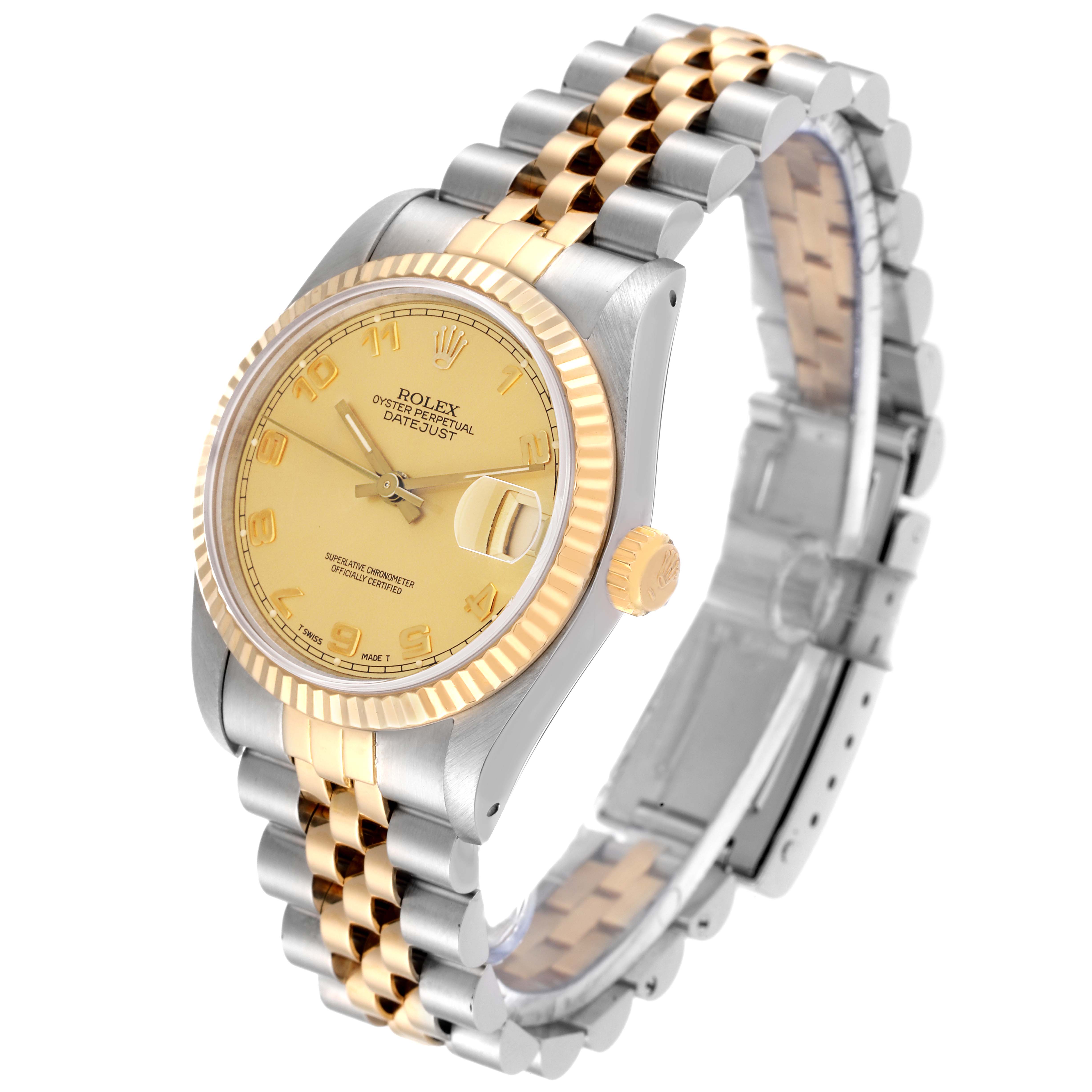 The image shows a Rolex Oyster Perpetual Datejust Mid-Size watch. It features a champagne dial, two-tone bracelet, and fluted bezel.