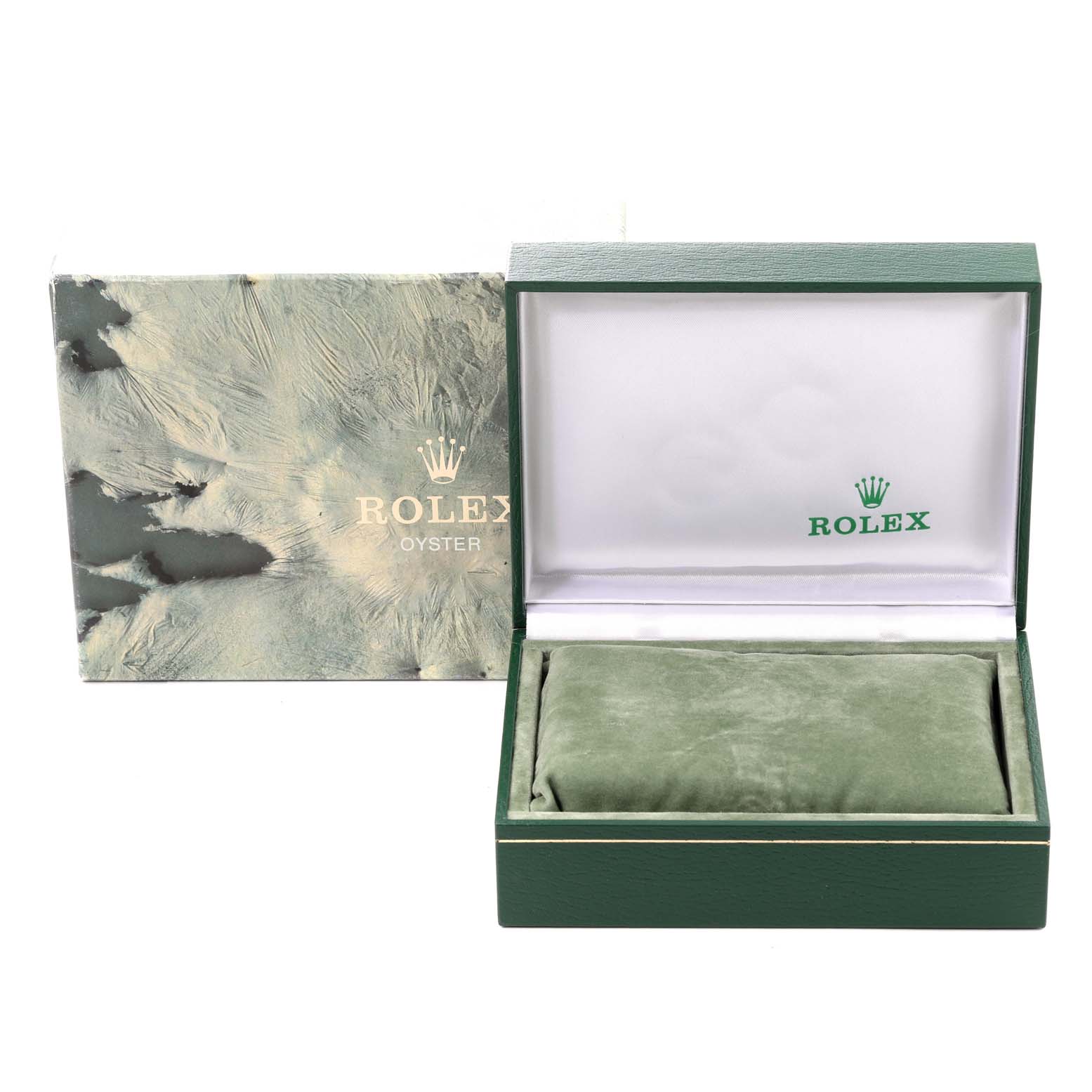 This image shows an open Rolex watch box and its outer packaging, but no mid-size watch model is shown.