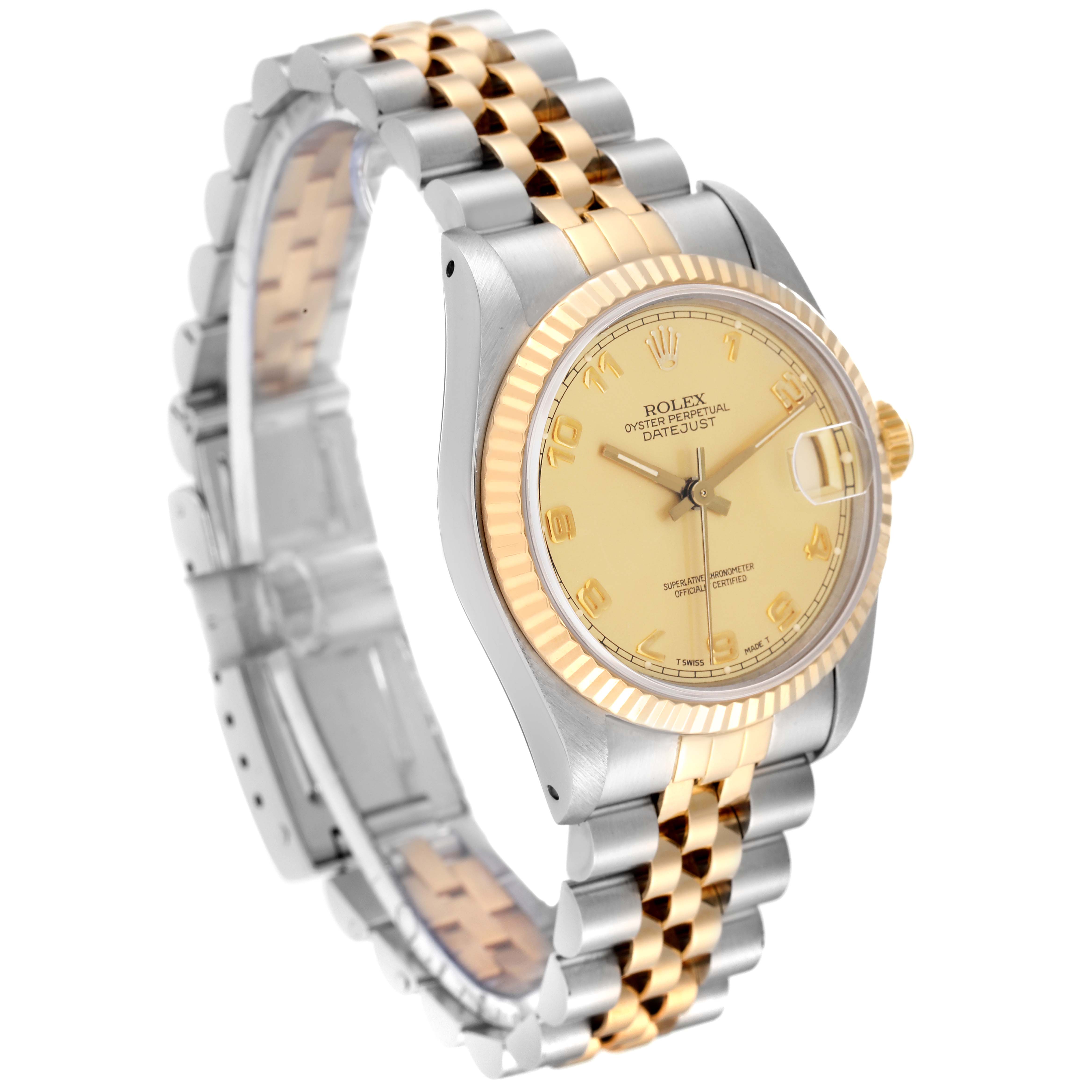 This image shows a side and angled view of a Rolex Mid-Size 68273 Women's Steel and Gold (two tone) Champagne Dial 68273 Women's Steel and Gold (two tone) Champagne Dial Datejust watch, highlighting its bracelet, dial, and case.