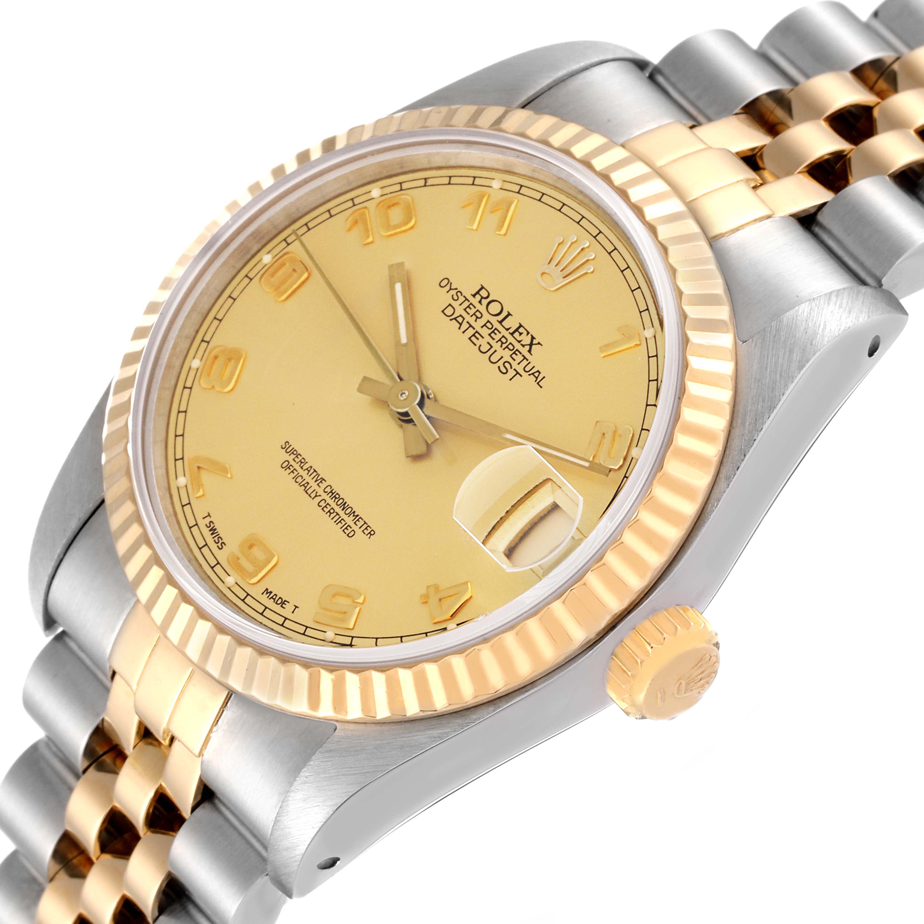The image shows a close-up, angled view of a Rolex Mid-Size 68273 Women's Steel and Gold (two tone) Champagne Dial 68273 Women's Steel and Gold (two tone) Champagne Dial Datejust watch face, bezel, and part of the bracelet.