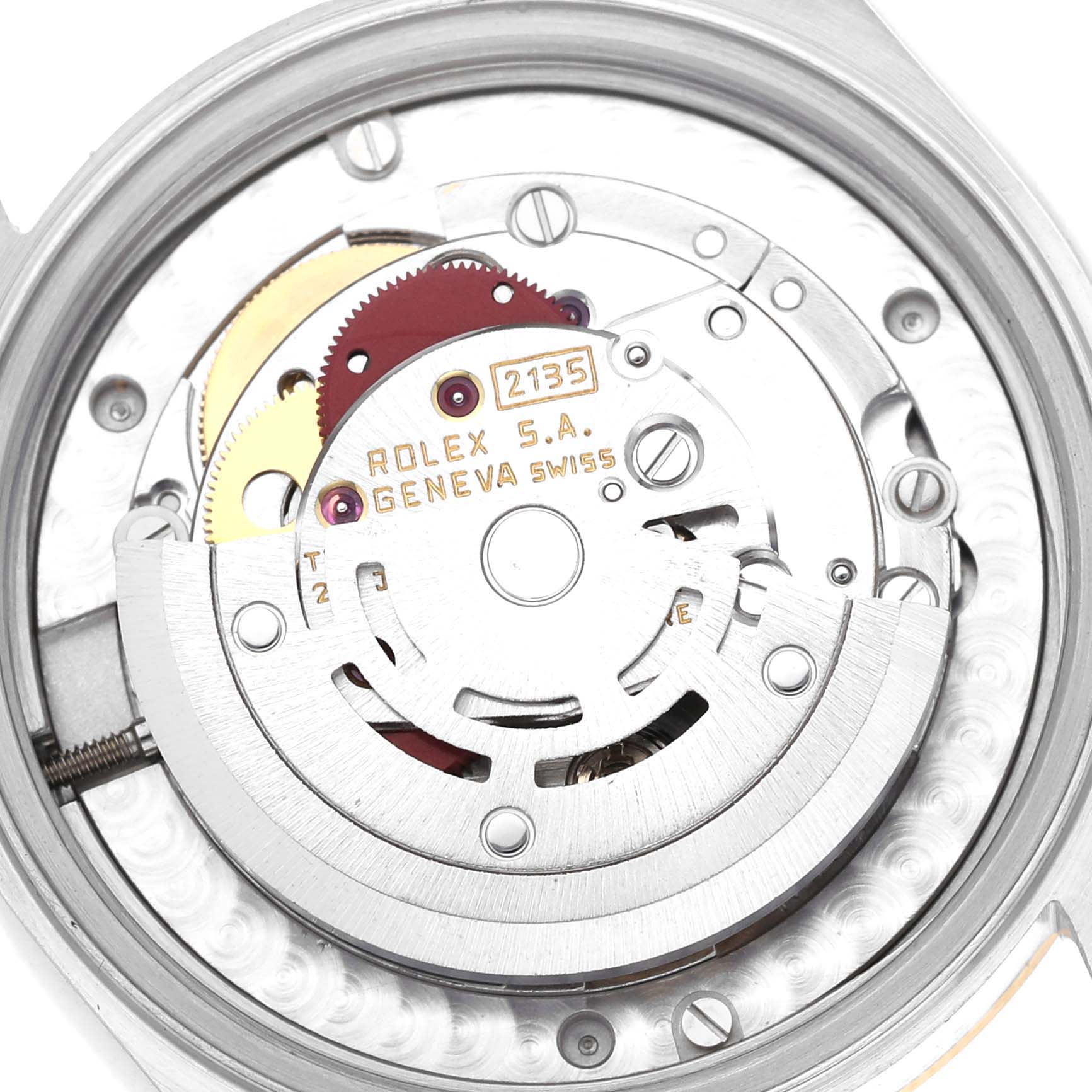 This image shows the inner mechanism of a Rolex Mid-Size 68273 Women's Steel and Gold (two tone) Champagne Dial 68273 Women's Steel and Gold (two tone) Champagne Dial model watch, viewed from the back.
