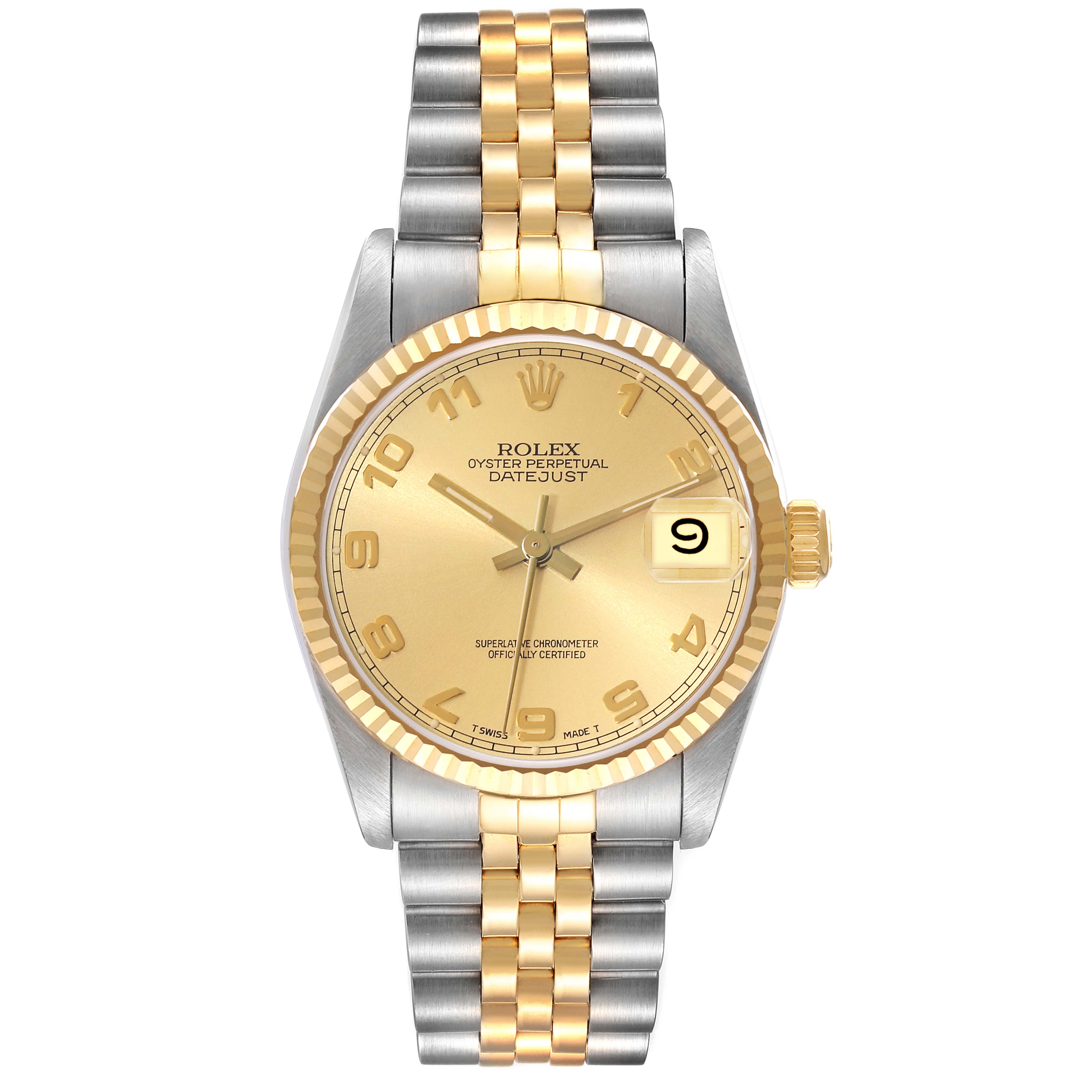 The image shows a front view of a Rolex Oyster Perpetual Datejust Mid-Size watch with a gold dial and two-tone bracelet.