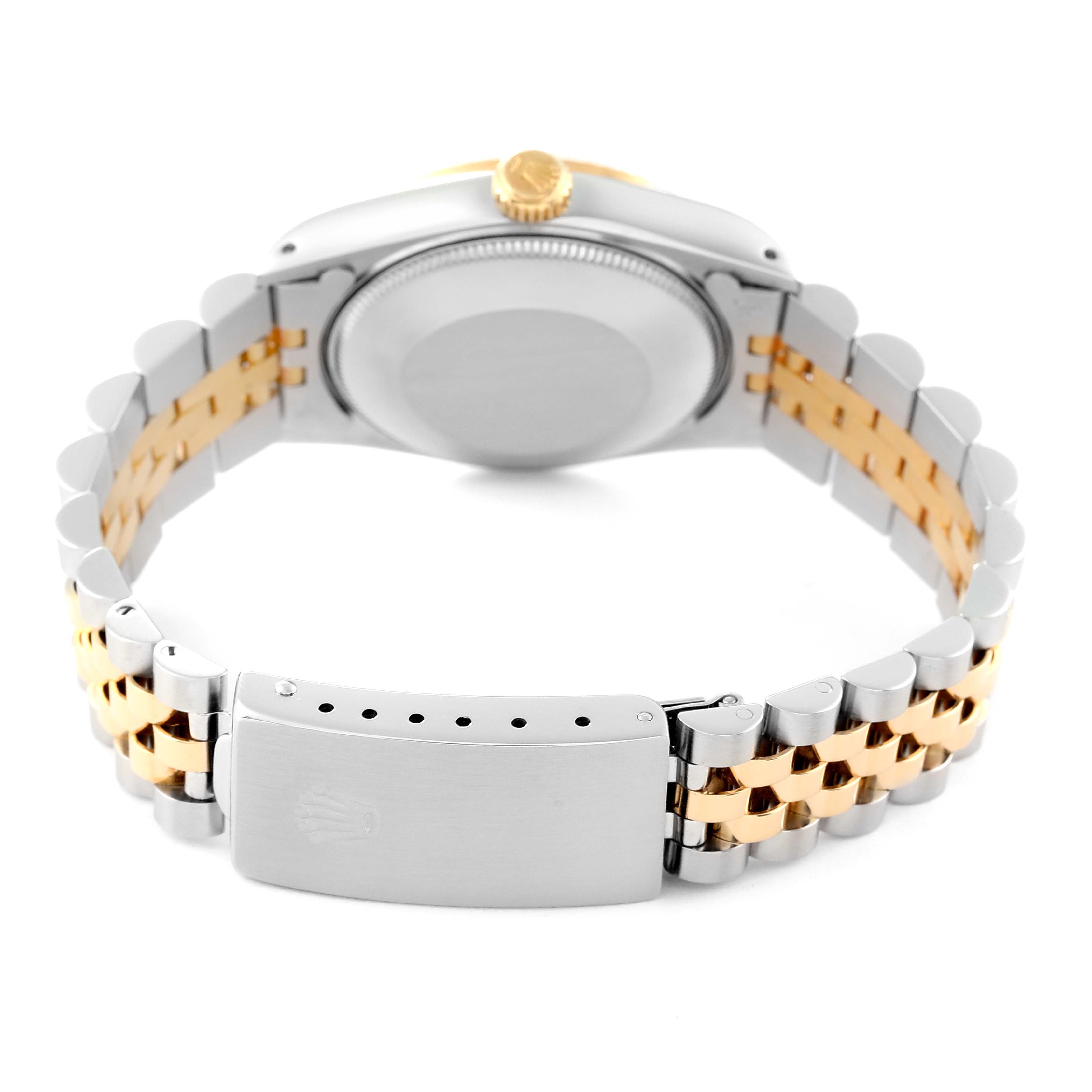 The image shows the back view of a Rolex Mid-Size 68273 Women's Steel and Gold (two tone) Champagne Dial 68273 Women's Steel and Gold (two tone) Champagne Dial watch, highlighting the clasp, bracelet, and case back.