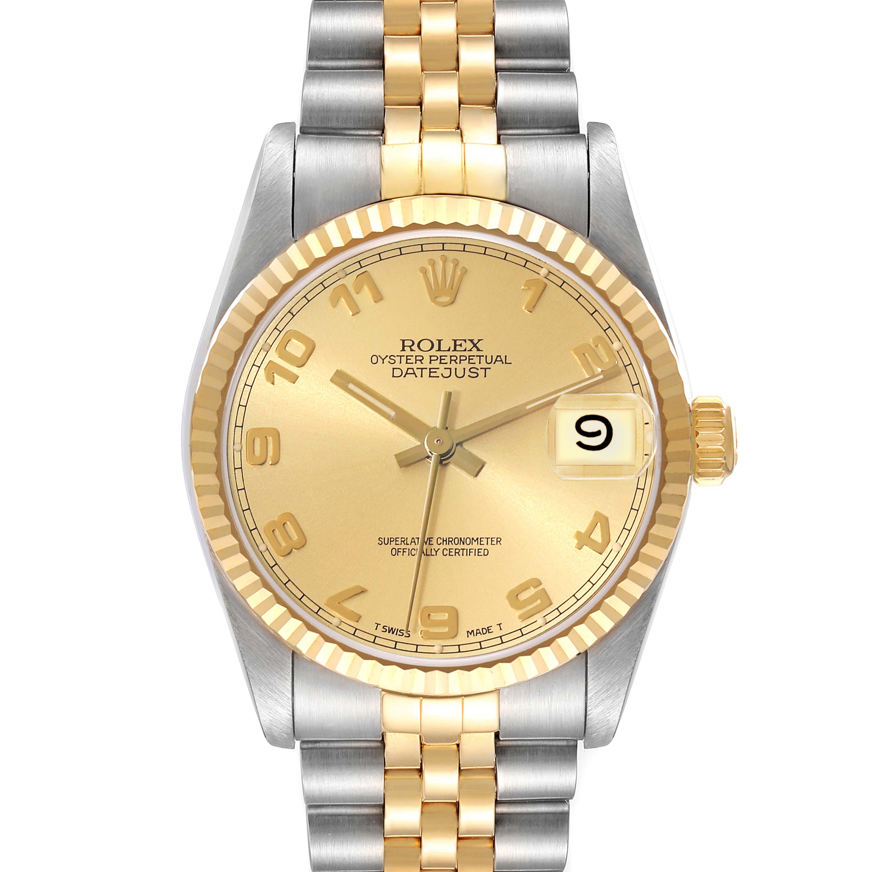 This image shows a front view of a Rolex Mid-Size 68273 Women's Steel and Gold (two tone) Champagne Dial 68273 Women's Steel and Gold (two tone) Champagne Dial Datejust watch featuring a gold and silver bracelet and a gold dial with date display.
