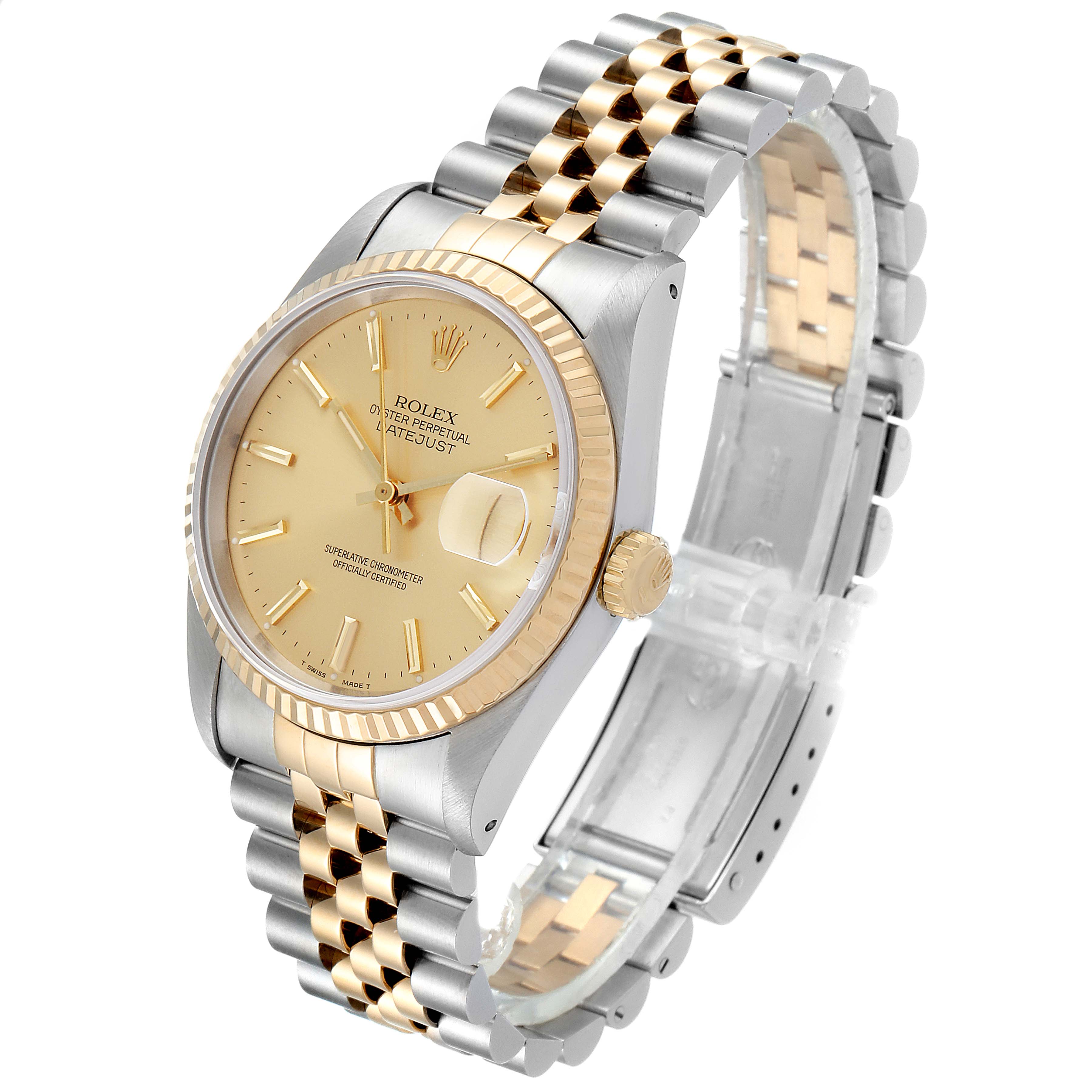 The image shows a Rolex Datejust 16233 Men's Steel and Gold (two tone) Champagne Dial 16233 Men's Steel and Gold (two tone) Champagne Dial watch at a three-quarter angle, displaying its face, dial, crown, and two-tone bracelet.