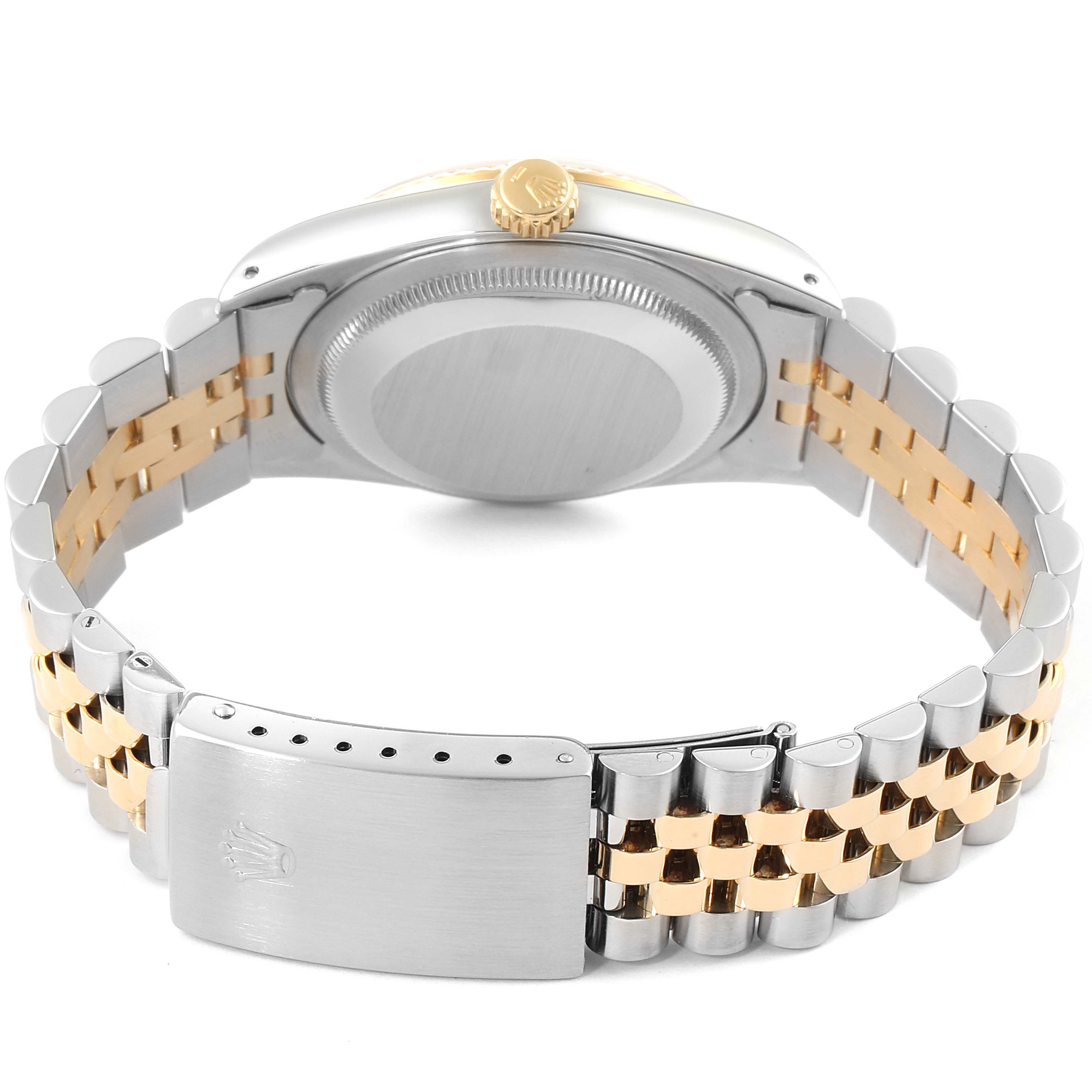 This image shows the back of a Rolex Datejust 16233 Men's Steel and Gold (two tone) Champagne Dial 16233 Men's Steel and Gold (two tone) Champagne Dial watch, focusing on the case back and the jubilee bracelet with a clasp.