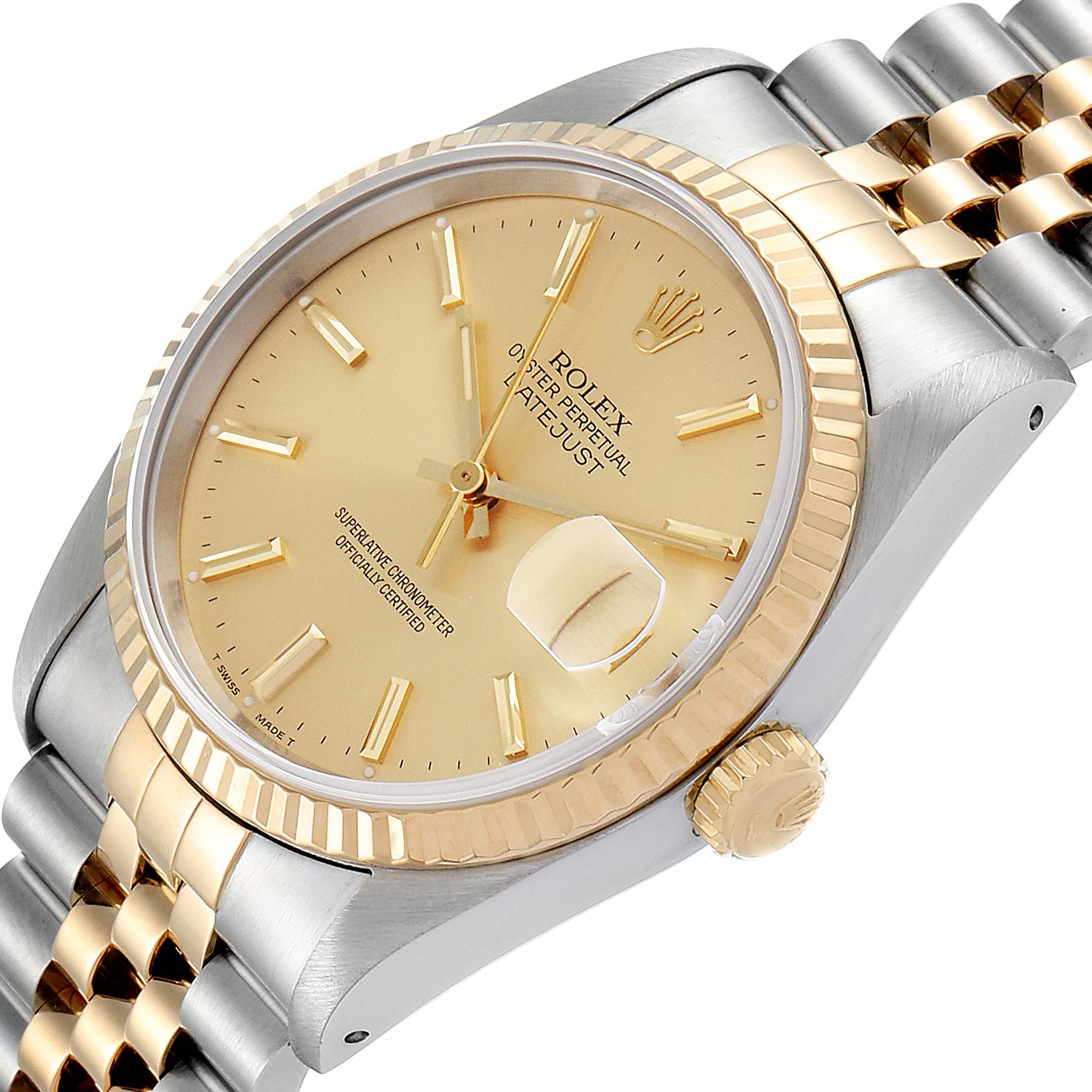 The image shows a close-up angled view of the Rolex Datejust 16233 Men's Steel and Gold (two tone) Champagne Dial 16233 Men's Steel and Gold (two tone) Champagne Dial watch, displaying its face, bezel, crown, and part of the bracelet.