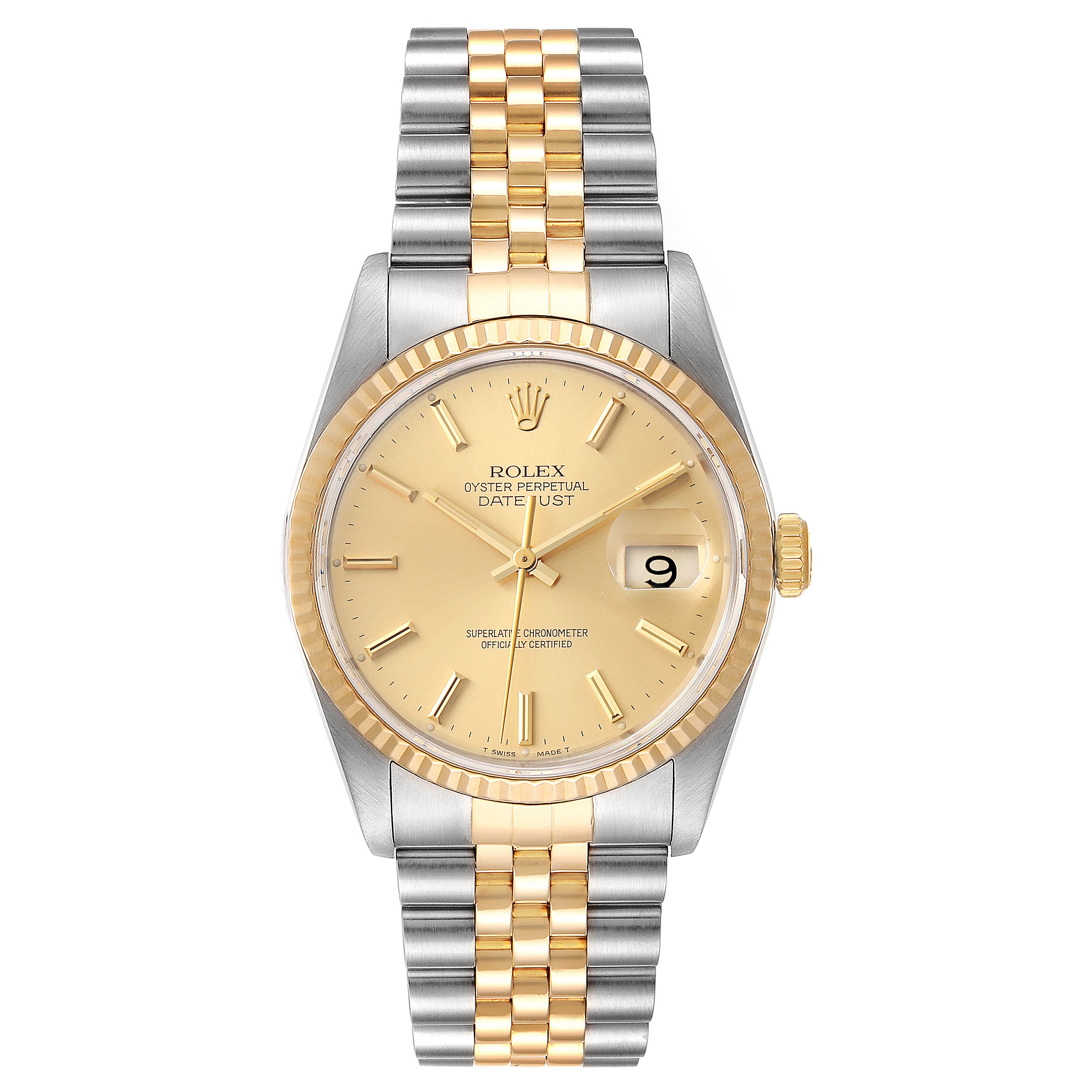 This image shows a Rolex Datejust 16233 Men's Steel and Gold (two tone) Champagne Dial 16233 Men's Steel and Gold (two tone) Champagne Dial watch from a straight-on angle, highlighting the dial, case, and two-tone bracelet.