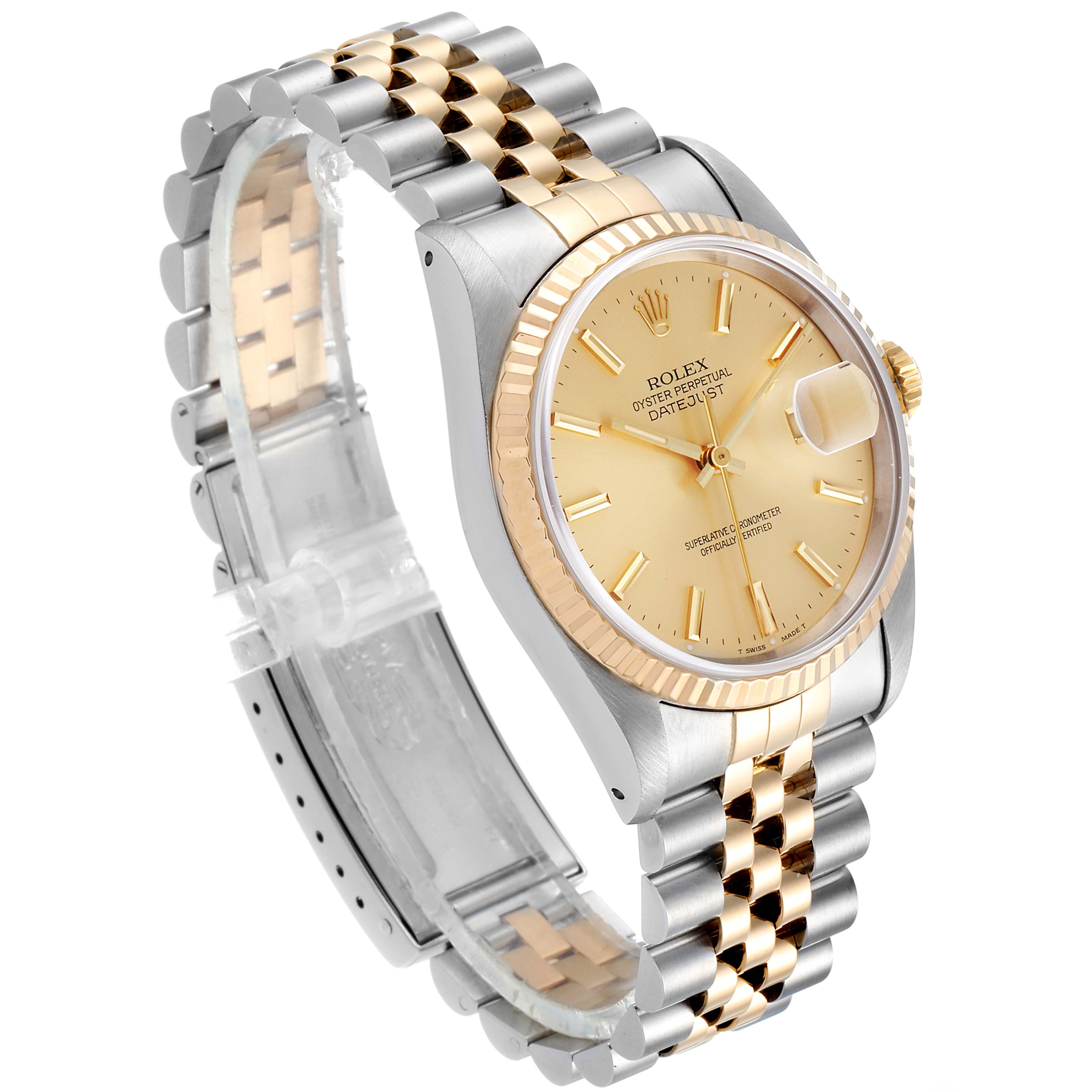 The image shows a Rolex Datejust 16233 Men's Steel and Gold (two tone) Champagne Dial 16233 Men's Steel and Gold (two tone) Champagne Dial watch at a three-quarter angle, highlighting its two-tone bracelet and gold dial.