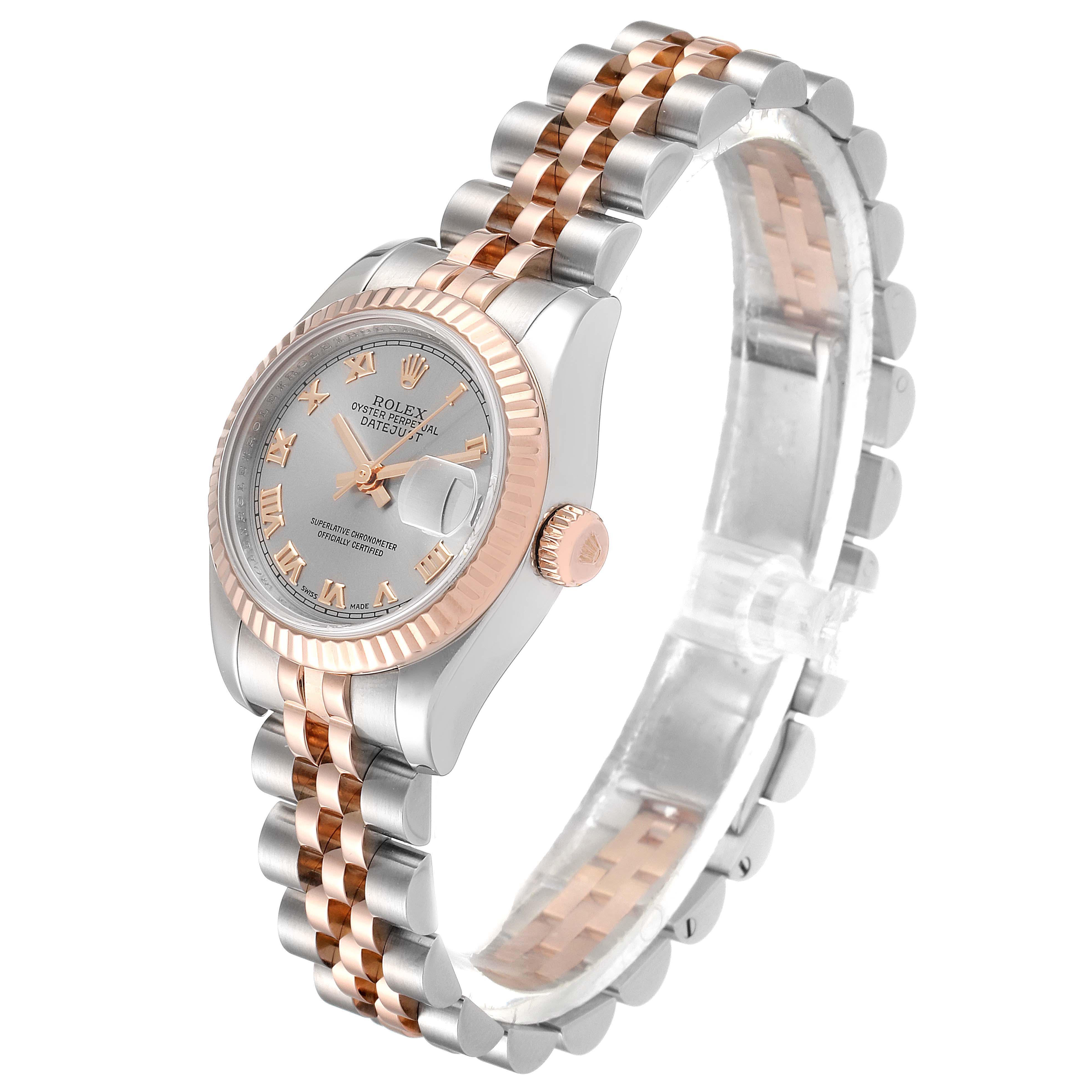 The image shows a Rolex Datejust 179171 Women's Steel and Gold (two tone) Grey Dial 179171 Women's Steel and Gold (two tone) Grey Dial watch at a 45-degree angle, highlighting the face, bezel, crown, and two-tone jubilee bracelet.