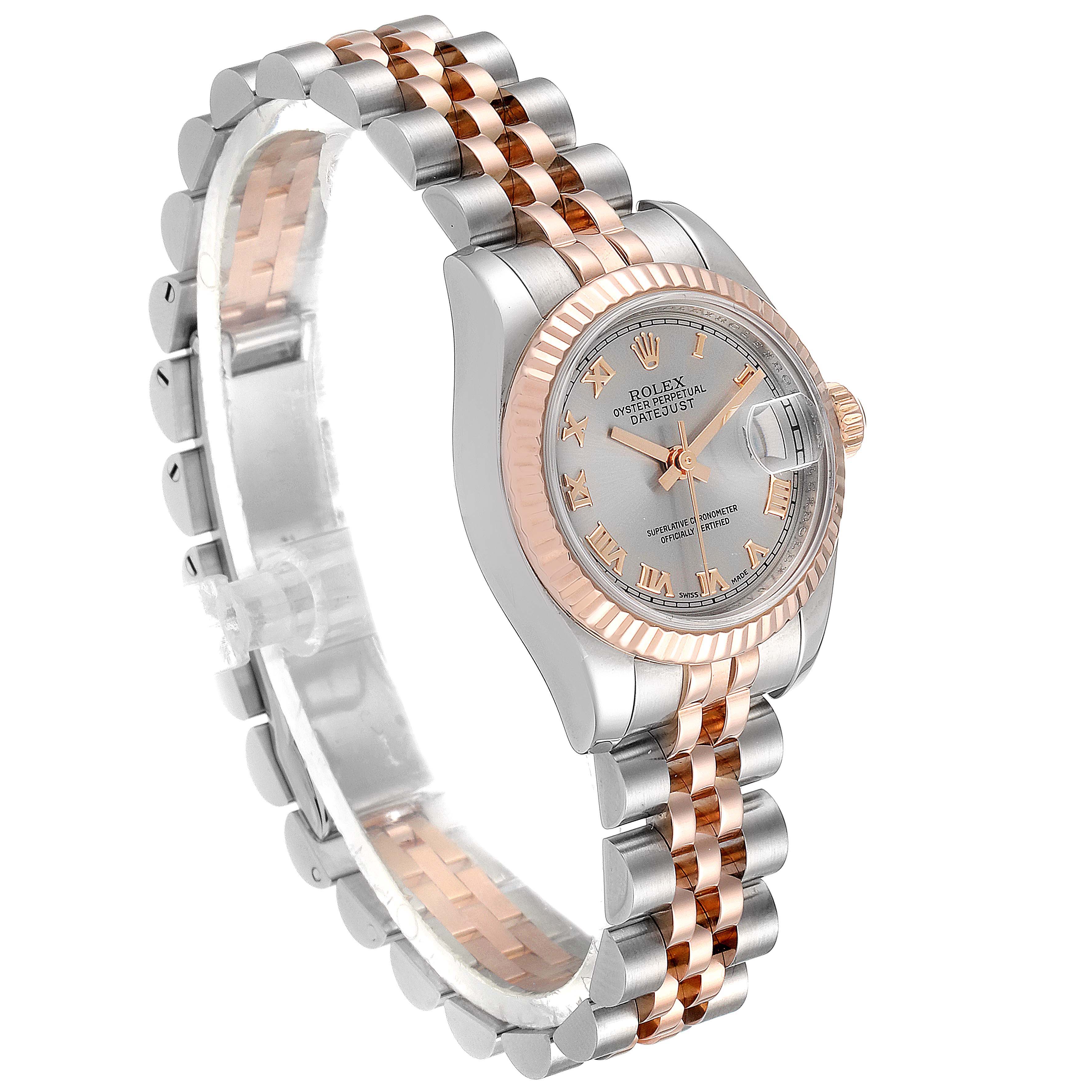 The image shows a side-angle view of a Rolex Datejust 179171 Women's Steel and Gold (two tone) Grey Dial 179171 Women's Steel and Gold (two tone) Grey Dial watch, highlighting its two-tone bracelet and fluted bezel.