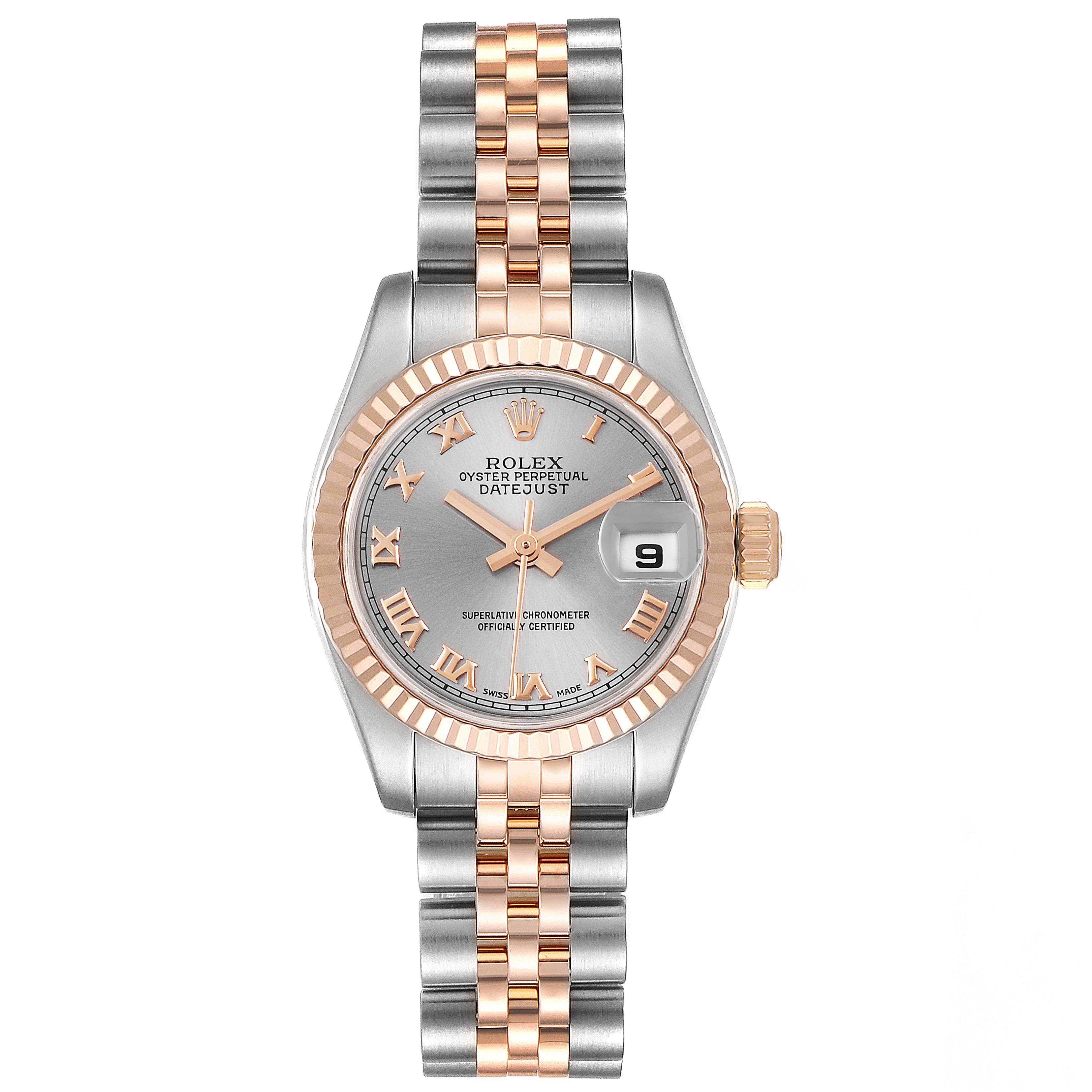 The image shows a frontal view of a Rolex Datejust 179171 Women's Steel and Gold (two tone) Grey Dial 179171 Women's Steel and Gold (two tone) Grey Dial watch featuring a two-tone bracelet and fluted bezel.