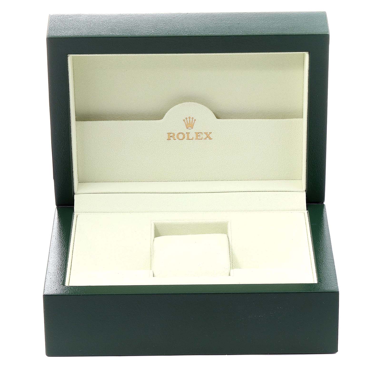 The image shows an open green Rolex box, designed to hold a Datejust model watch, with a beige interior.