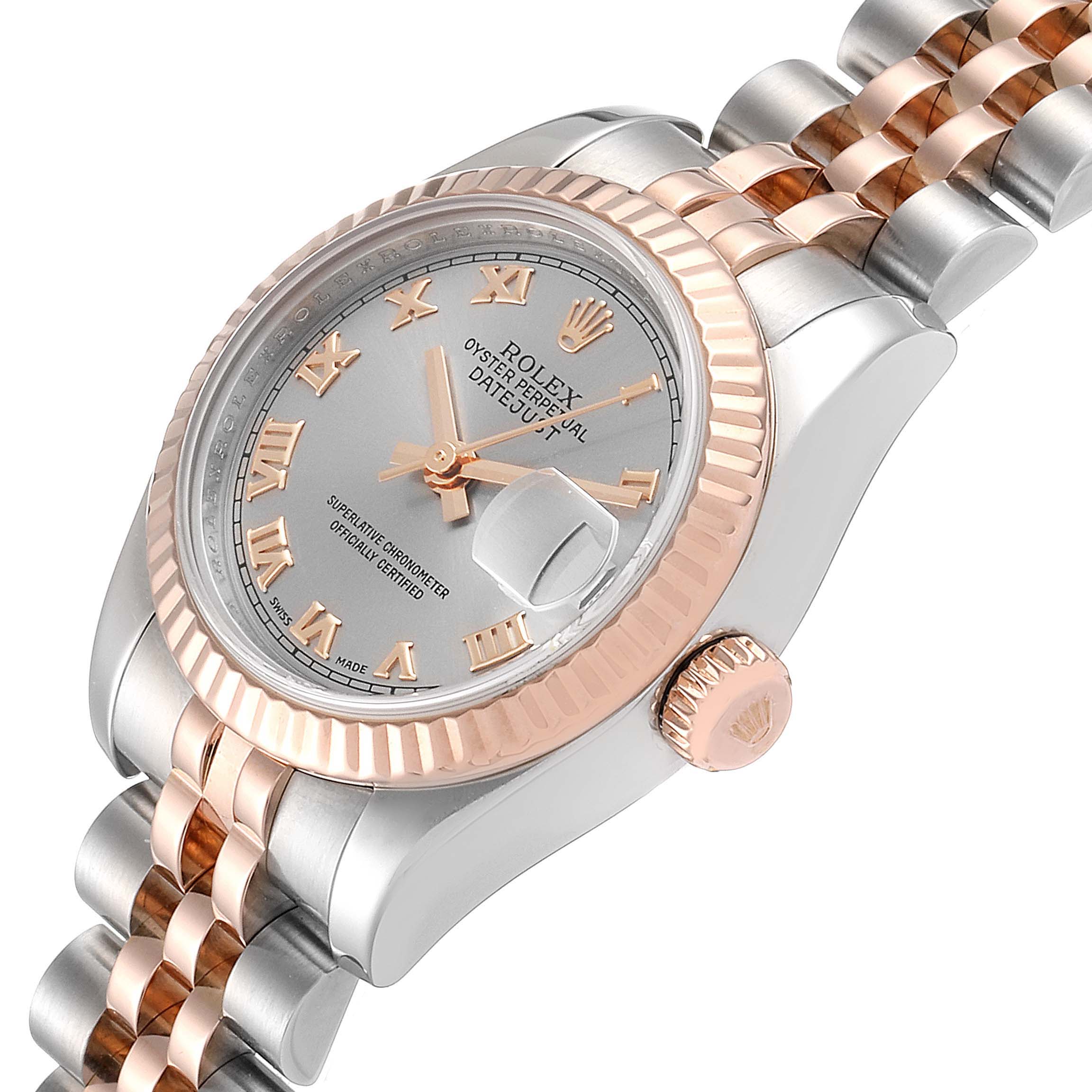 The image shows a Rolex Datejust 179171 Women's Steel and Gold (two tone) Grey Dial 179171 Women's Steel and Gold (two tone) Grey Dial watch at a slight angle, displaying the face, bezel, crown, and part of the bracelet.