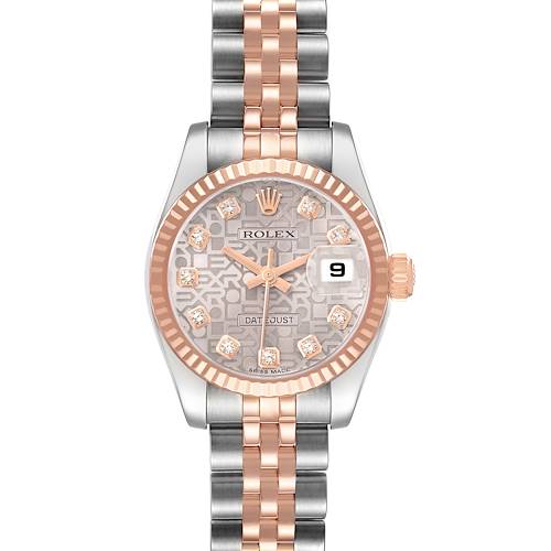 The Rolex Datejust 179171 Women's Steel and Gold (two tone) Silver Dial watch is shown from the front, displaying the dial, bezel, and bracelet.