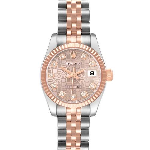 The Rolex Datejust 179171 Women's Steel and Gold (two tone) Mother of Pearl Dial watch is shown from the front, highlighting the dial, bezel, and bracelet.