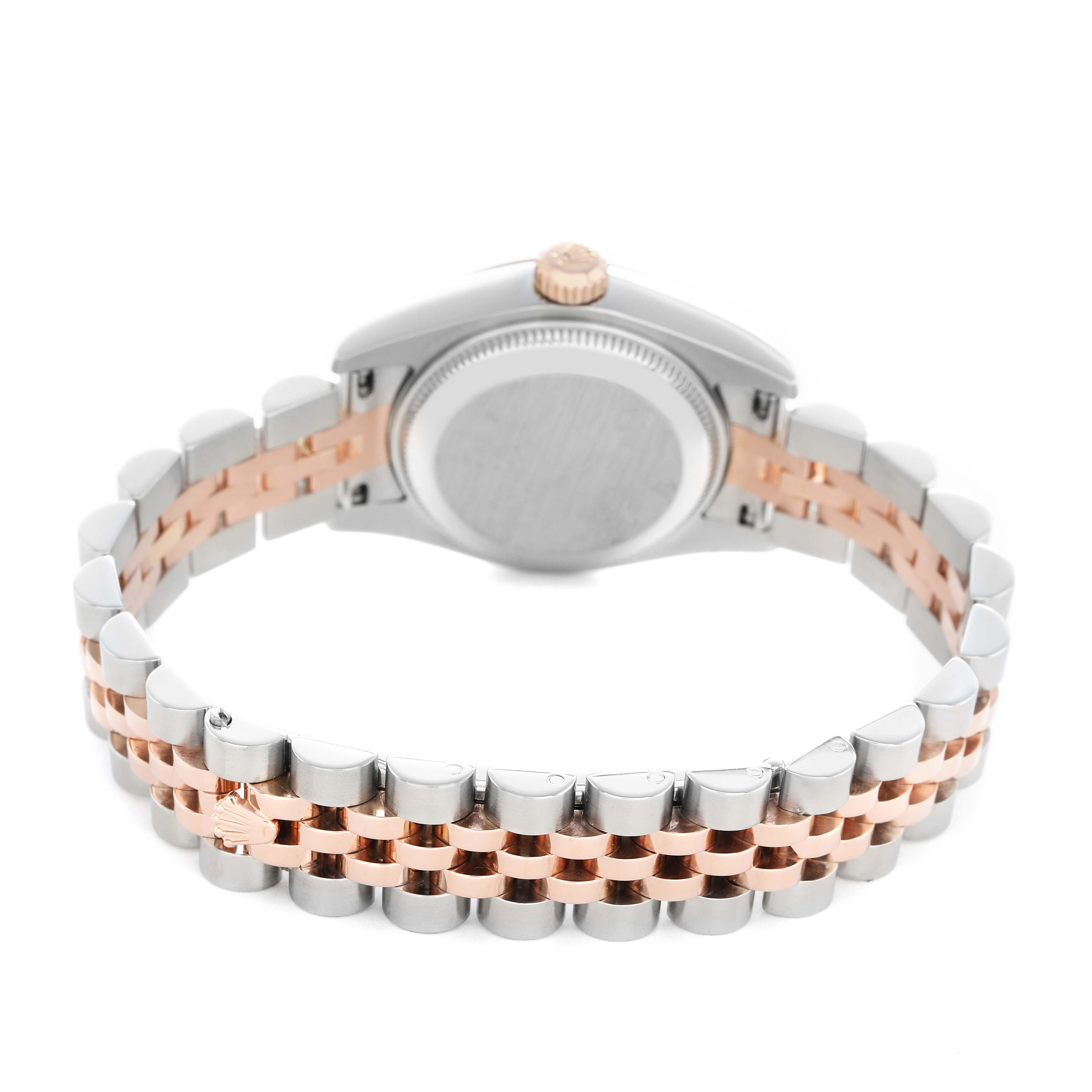 The Rolex Datejust 179171 Women's Steel and Gold (two tone) Mother of Pearl Dial watch is shown from the back, highlighting the case, crown, and two-tone bracelet.