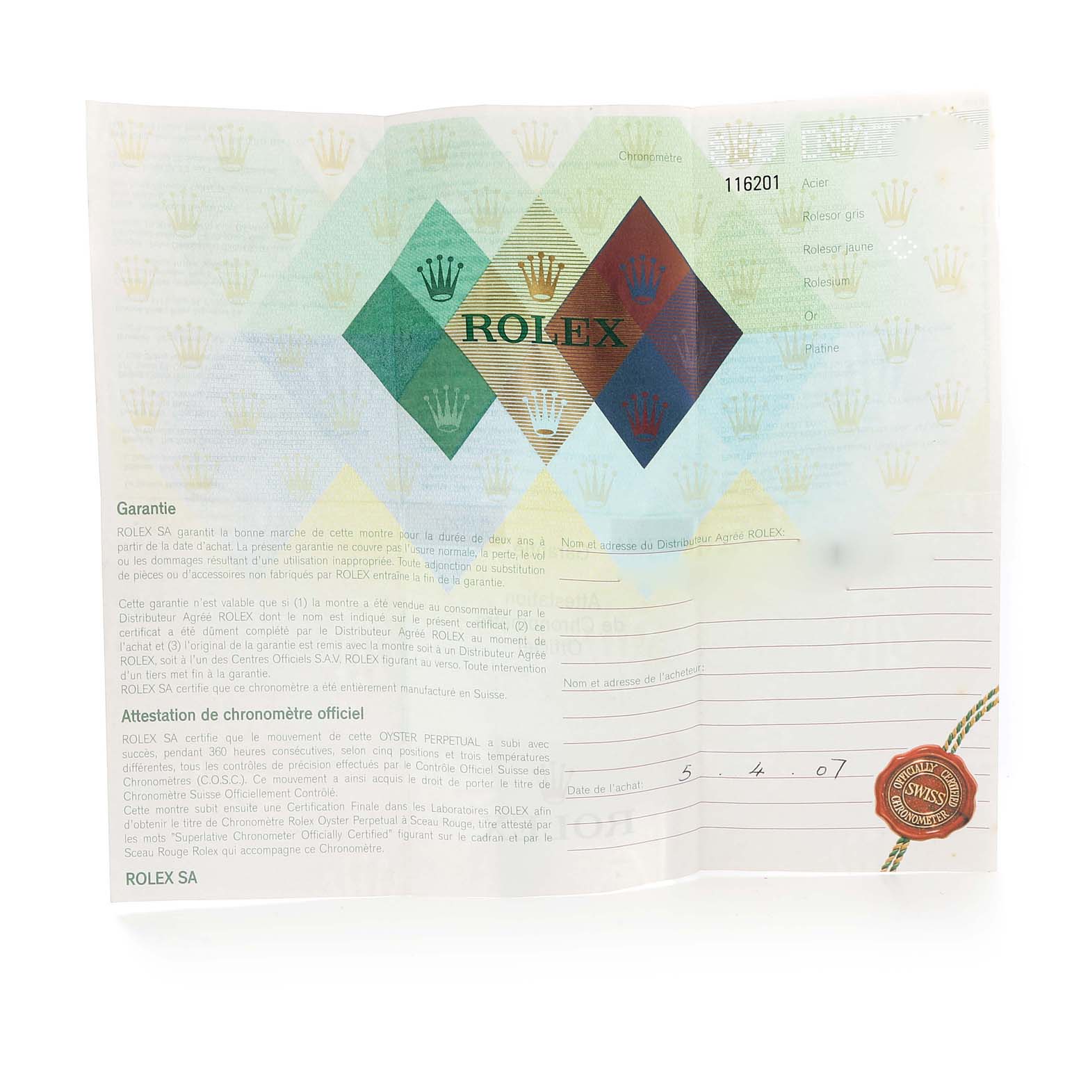 This image shows the warranty and certification document for a Rolex Datejust 116201 Men's Steel and Gold (two tone) White Dial 116201 Men's Steel and Gold (two tone) White Dial model.