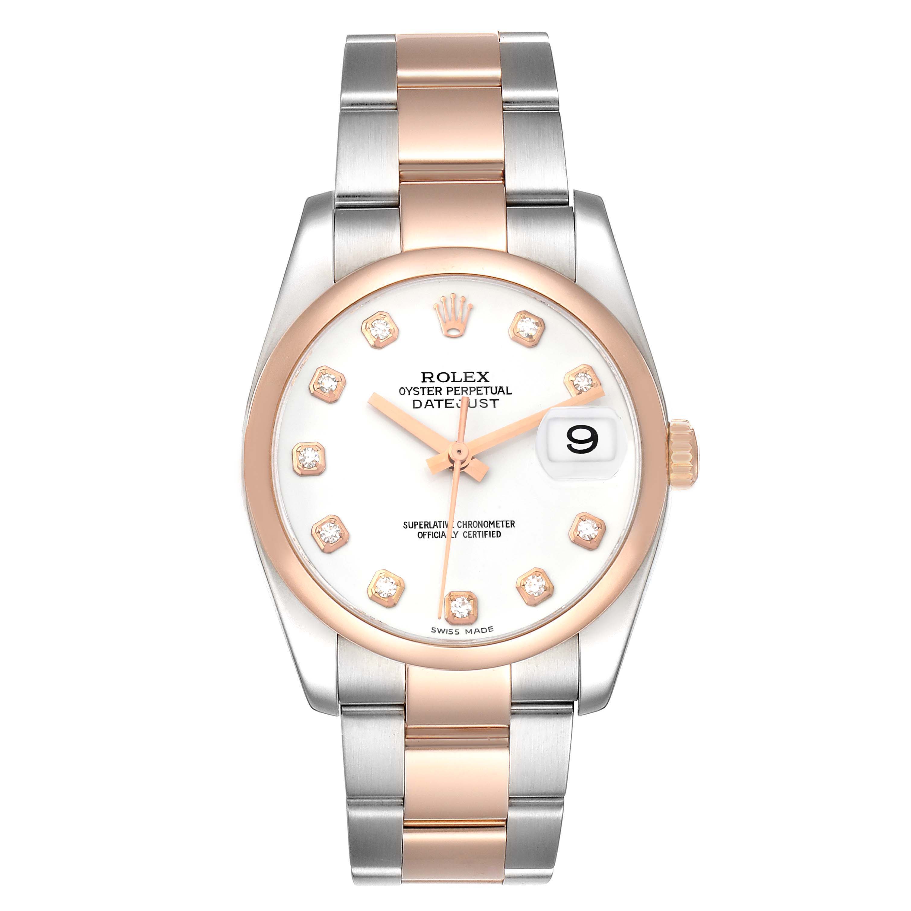 This is a front view of a Rolex Datejust 116201 Men's Steel and Gold (two tone) White Dial 116201 Men's Steel and Gold (two tone) White Dial watch showing the face, bezel, and two-tone bracelet.