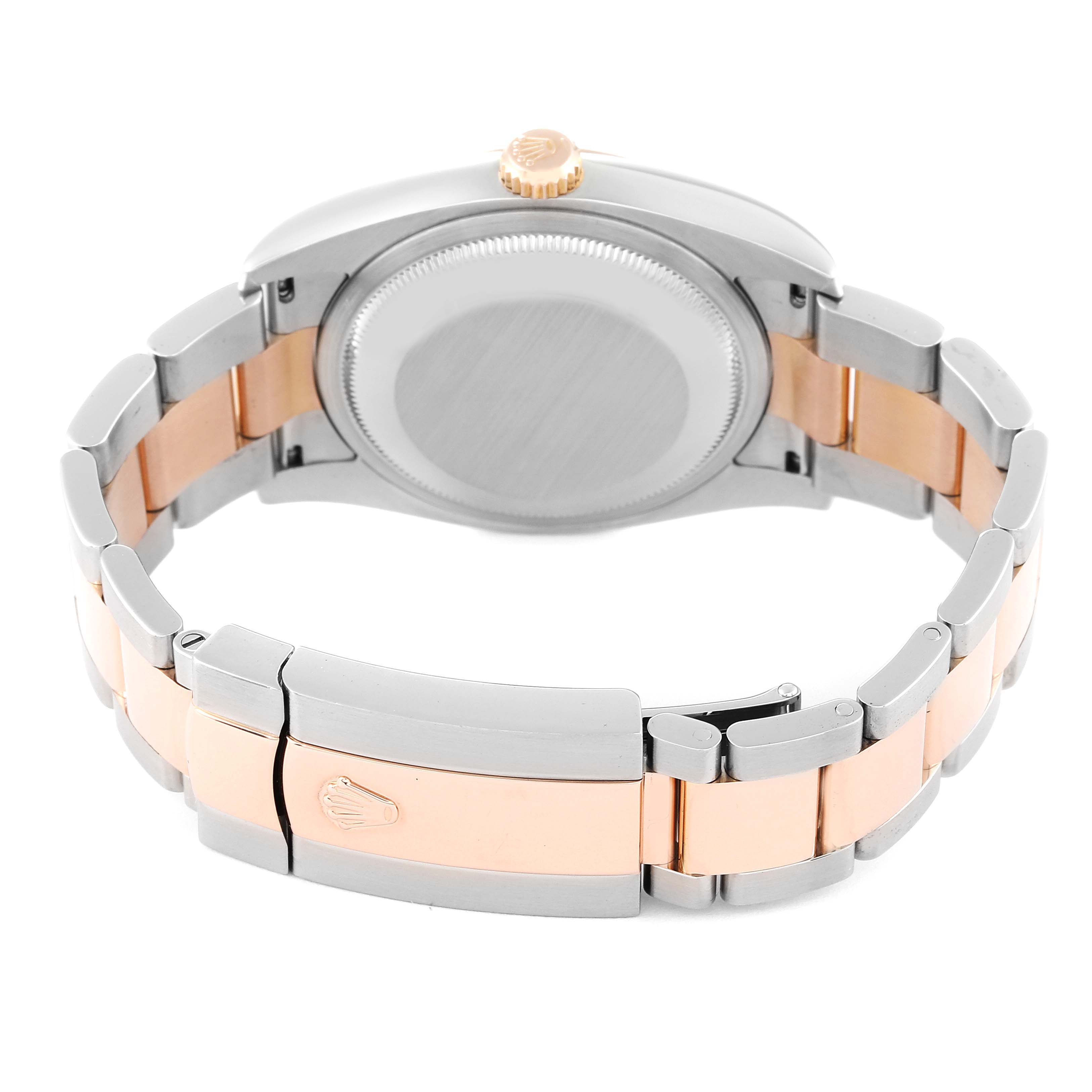 The image shows the back view of a Rolex Datejust 116201 Men's Steel and Gold (two tone) White Dial 116201 Men's Steel and Gold (two tone) White Dial watch, highlighting its case back, crown, and two-tone bracelet.