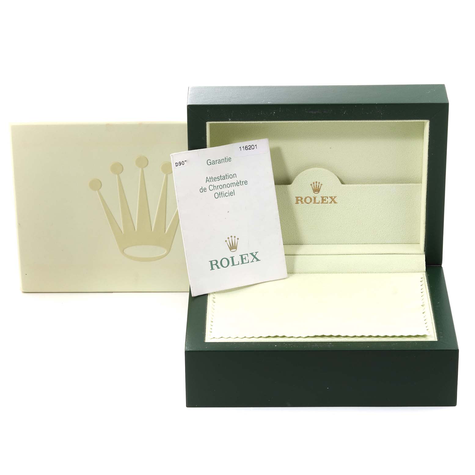 The image shows the open box and warranty card for a Rolex Datejust 116201 Men's Steel and Gold (two tone) White Dial 116201 Men's Steel and Gold (two tone) White Dial watch, highlighting the inner packaging.